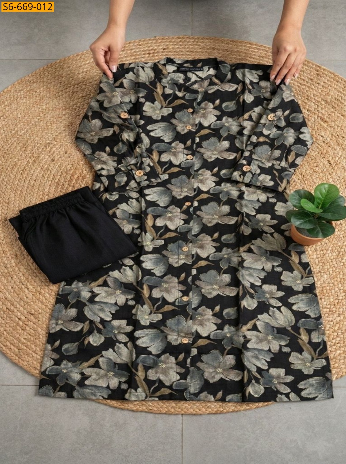 Black Fancy Bamboo Cotton Co Ord Set