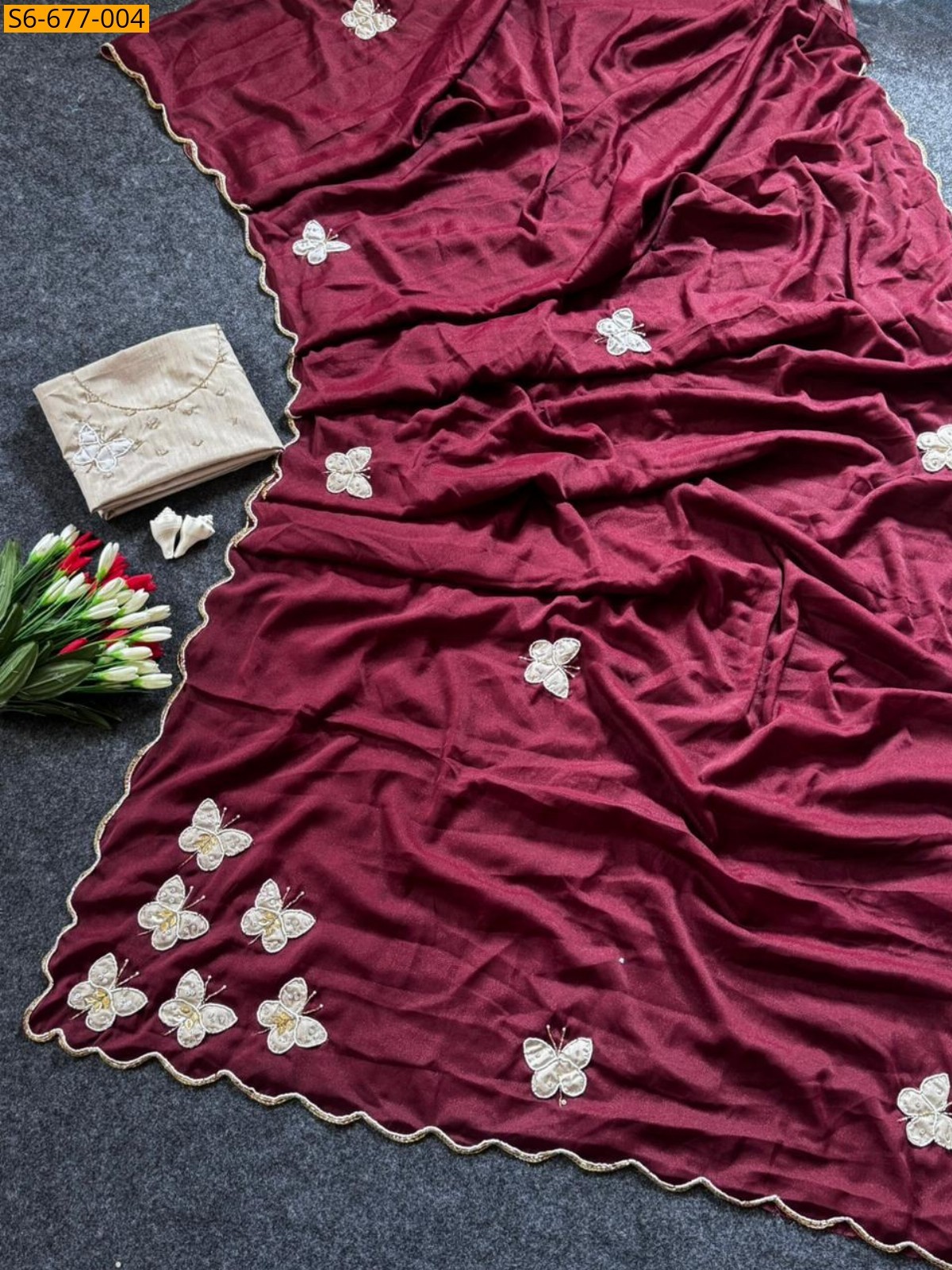 Wine Butterfly Handwork sarees