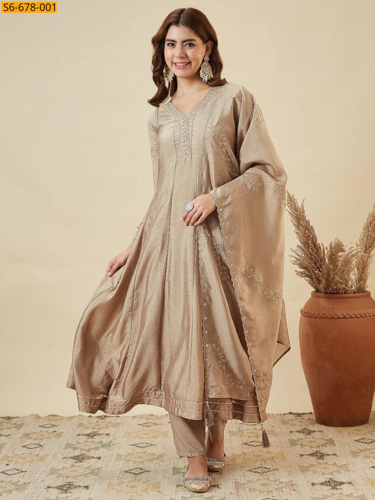 Cream Vichhitra Silk Anarkali kurti Pant Set