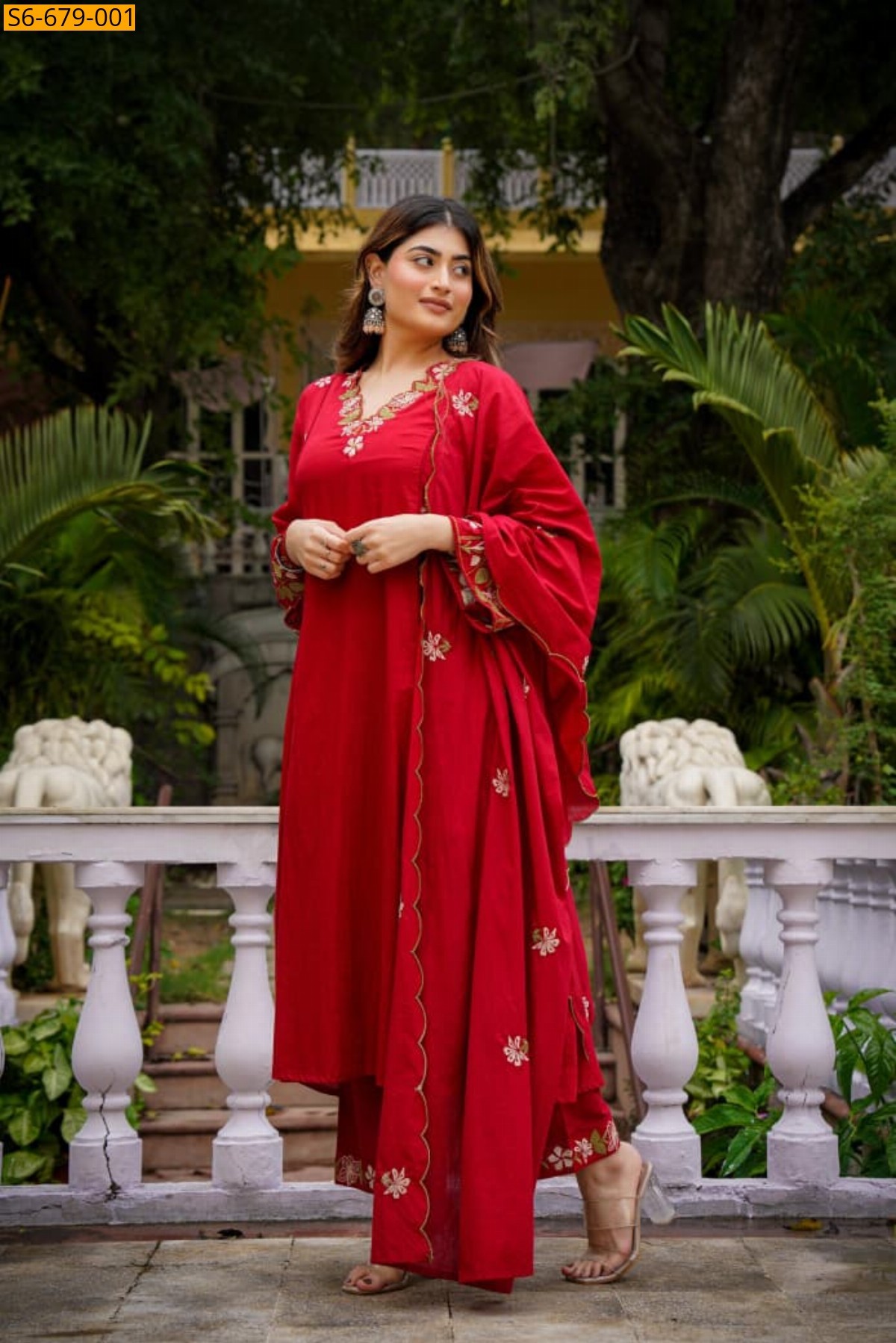 Red Chanderi silk kurti Pant Dupatta Set