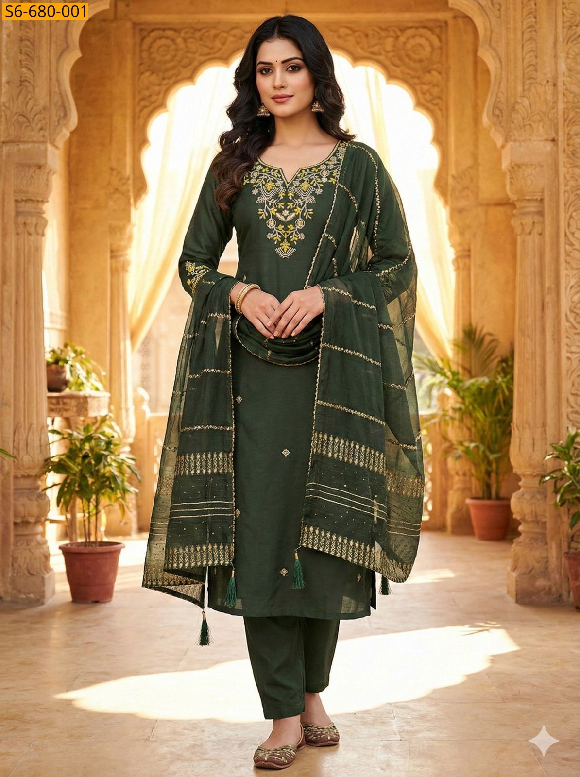 Green Roman silk kurti Pant Dupatta Set