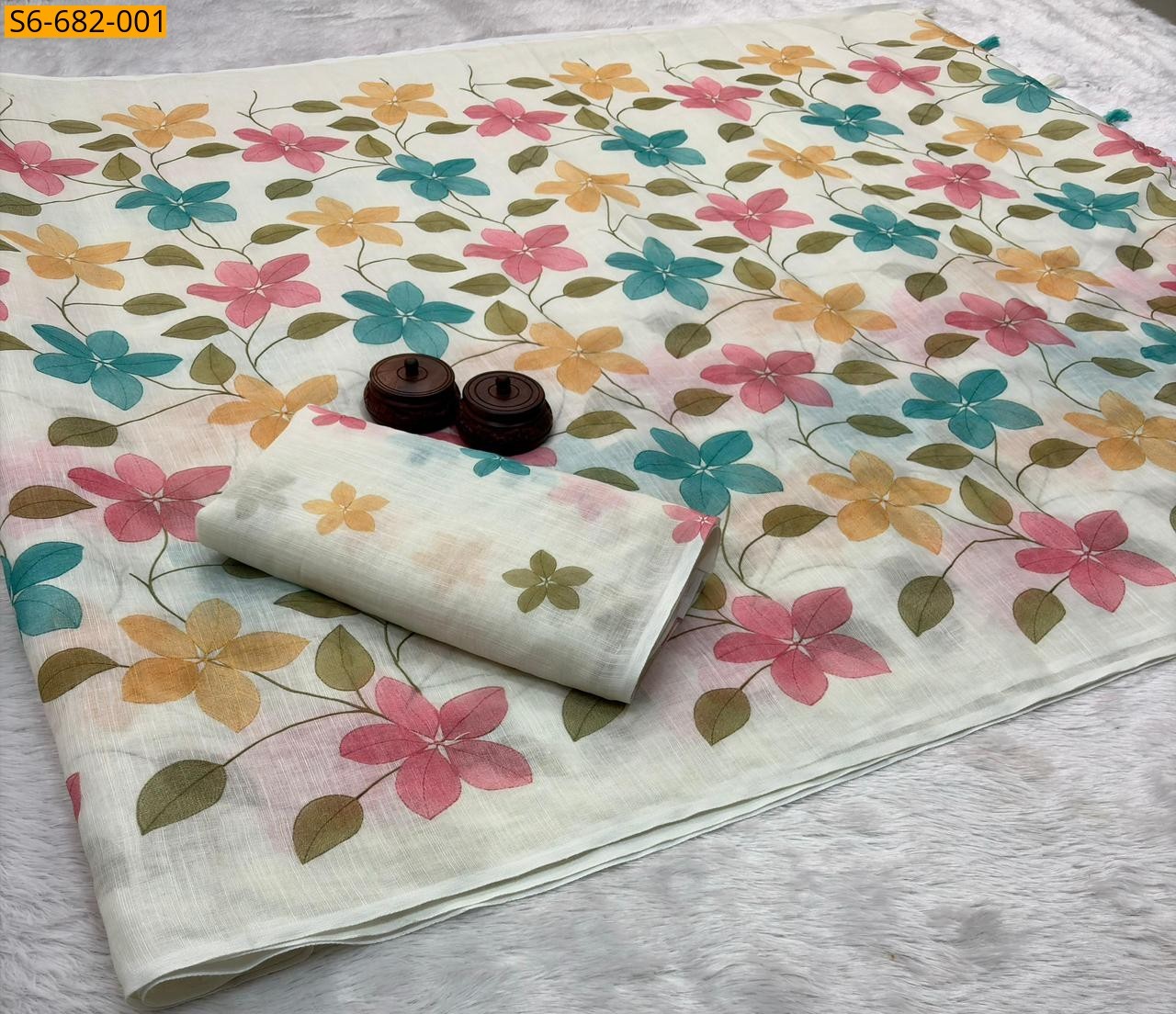 White Fancy Linen Cotton Sarees