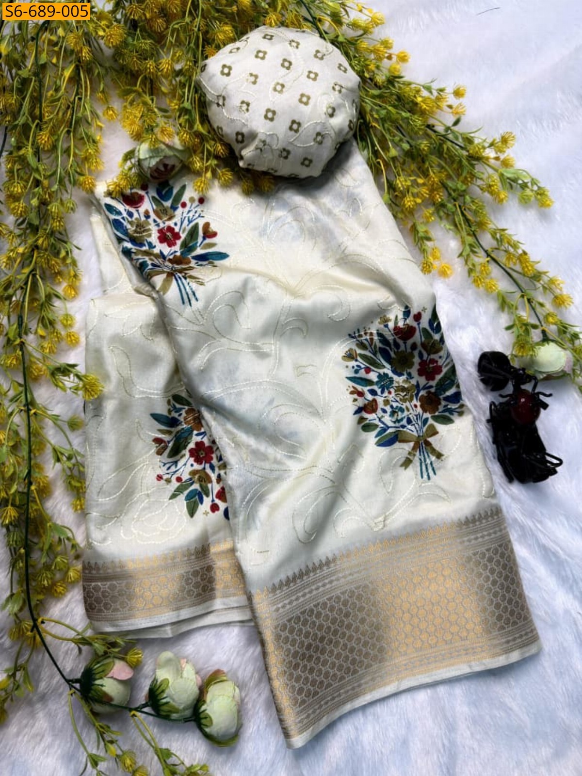 White Fancy Dola Silk Saree