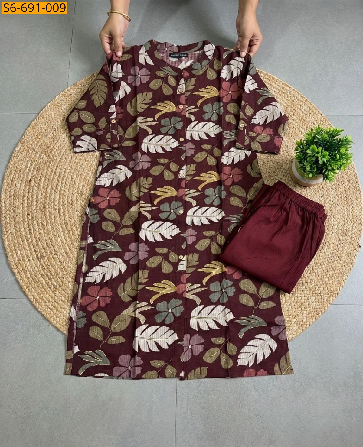Dark Maroon Fancy Bamboo Cotton Co Ord Set