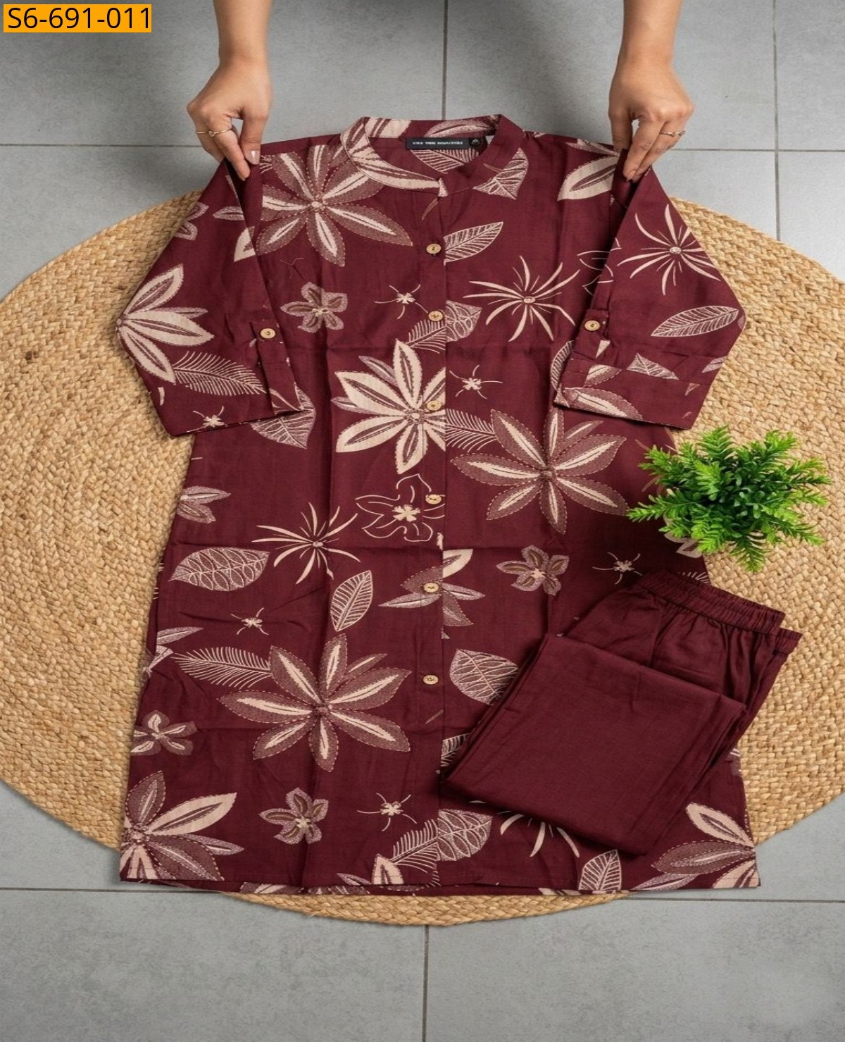 Maroon Fancy Bamboo Cotton Co Ord Set