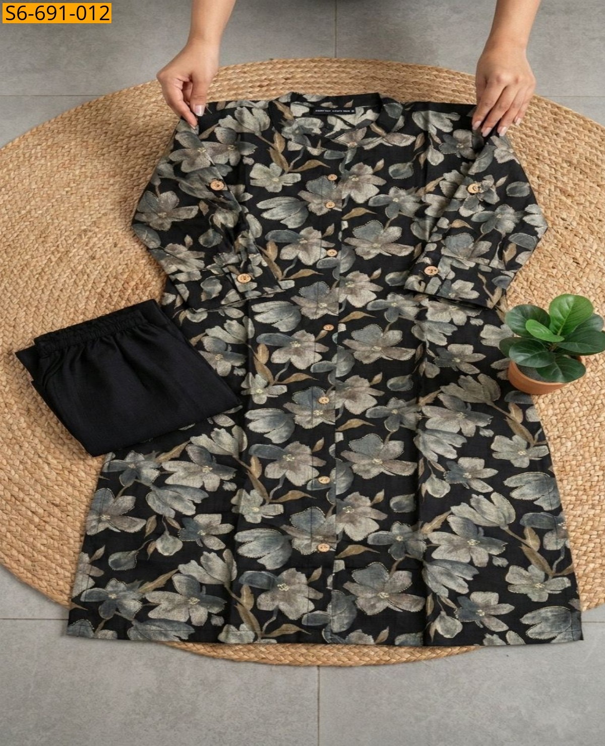 Black Fancy Bamboo Cotton Co Ord Set