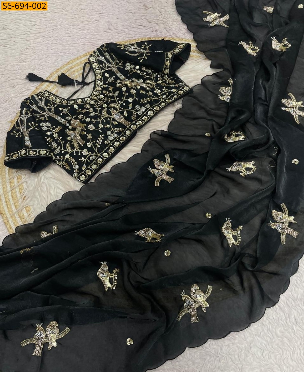 Black Premium Fandy Satin Sarees