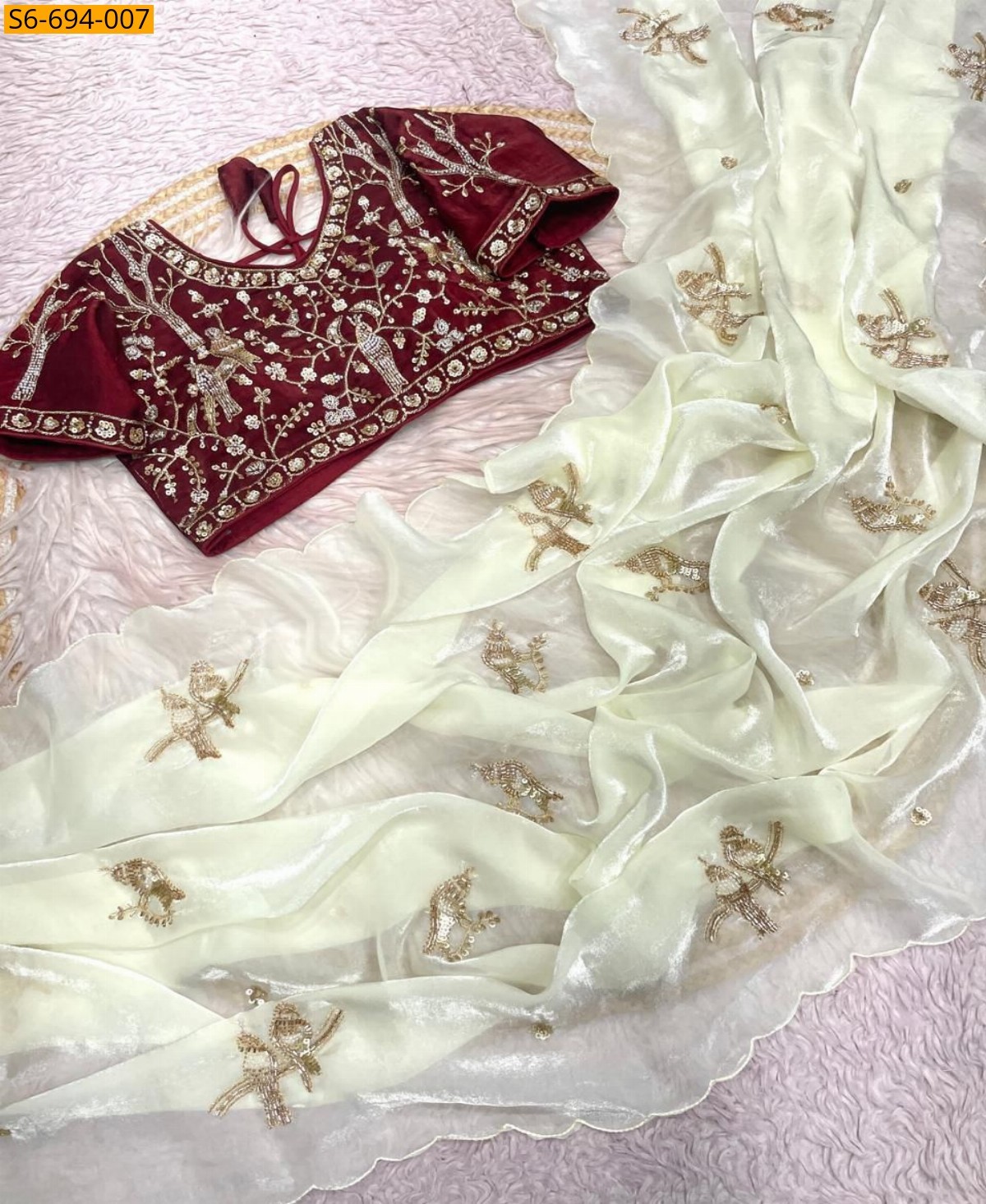 White Premium Fandy Satin Sarees
