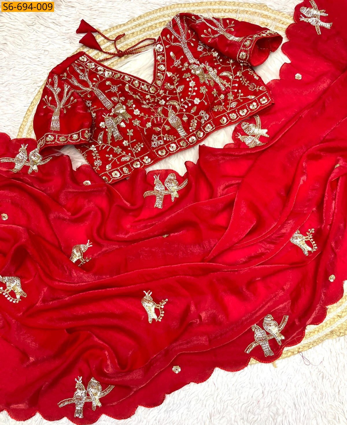 Red Premium Fandy Satin Sarees