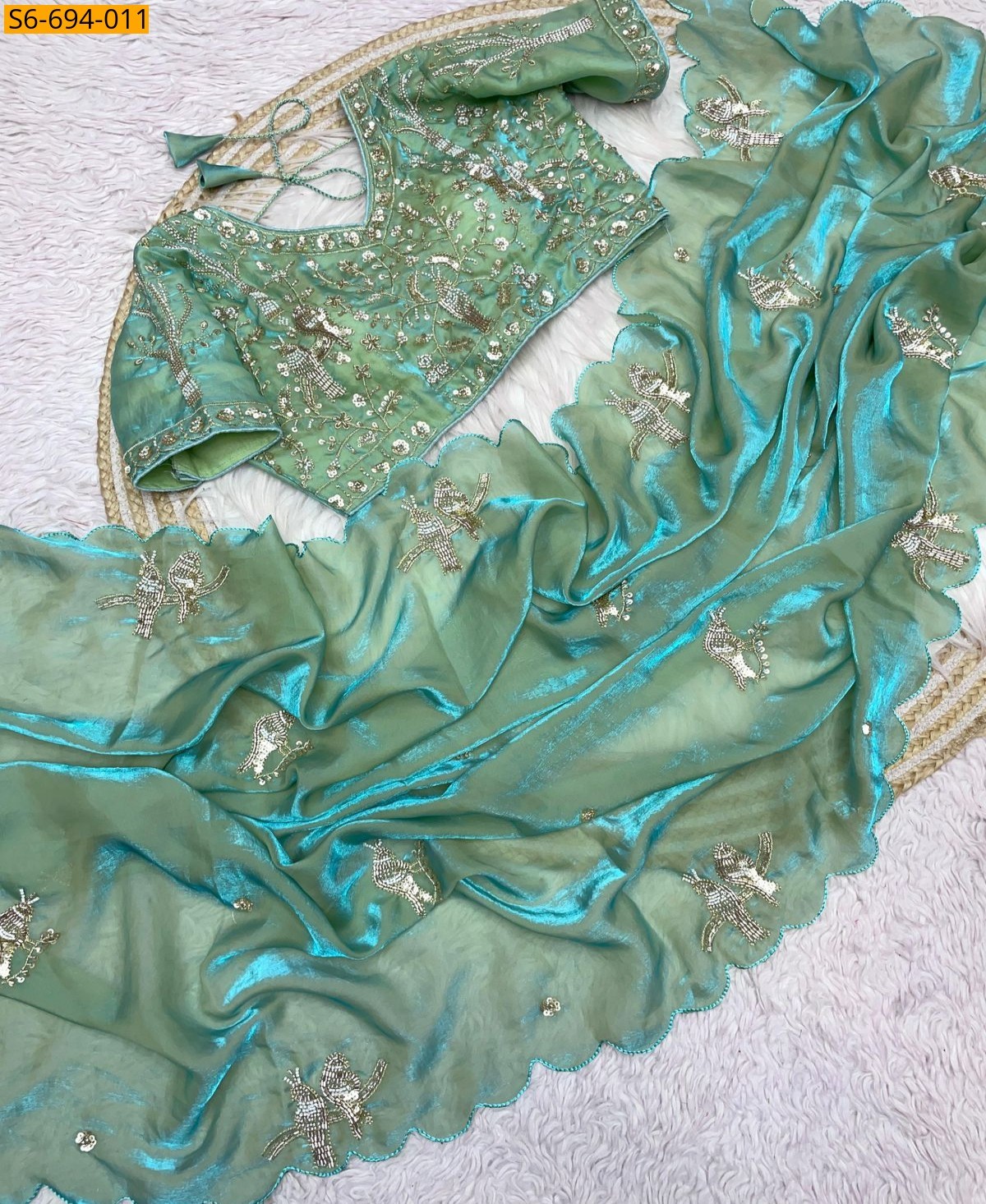 Olive Green Premium Fandy Satin Sarees