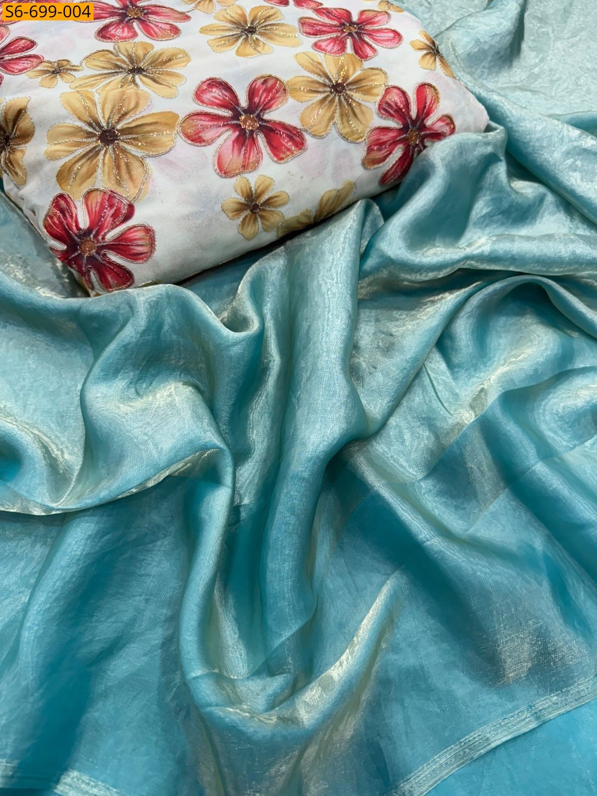 Sky Blue Space Fendy Sattin Saree