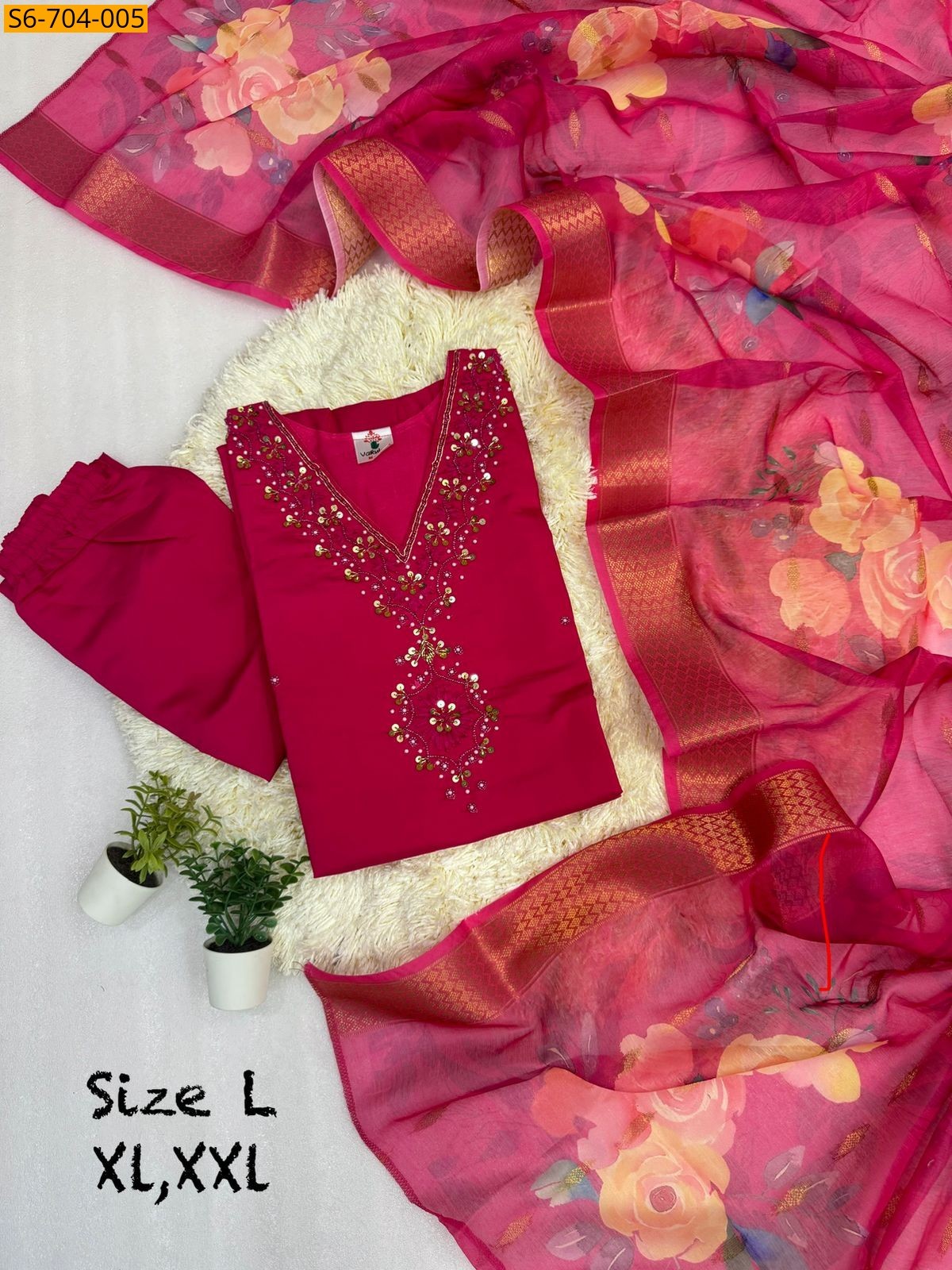 Roman Silk Kurti Pant Dupatta Set - Pink