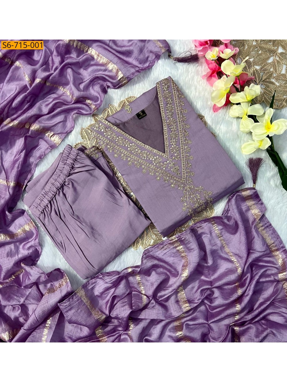 Lavender Roman Silk Kurti Pant Dupatta Set
