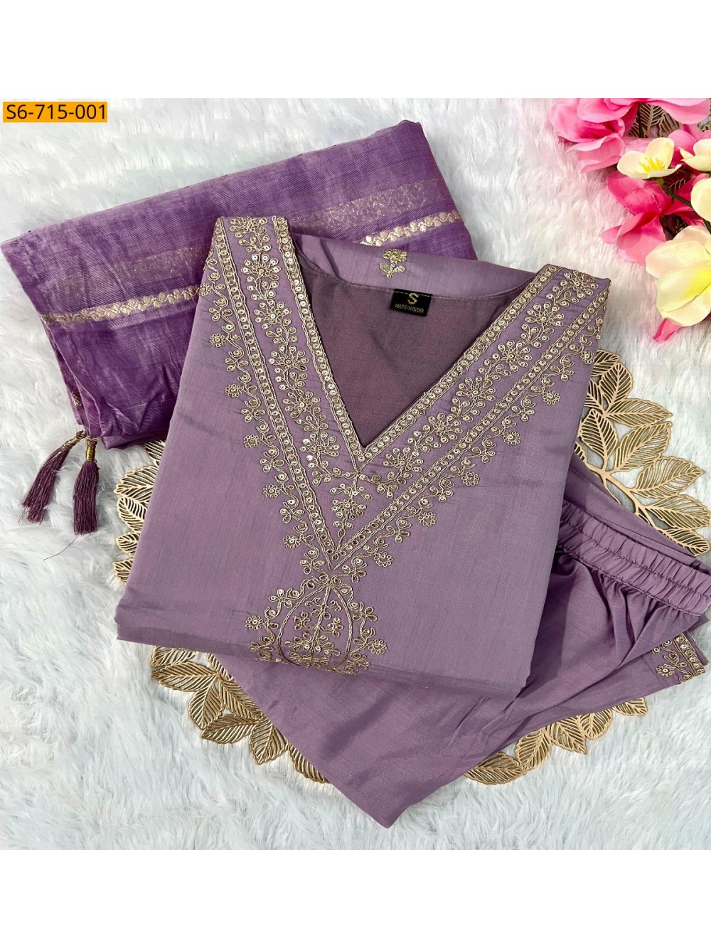 Lavender Roman Silk Kurti Pant Dupatta Set