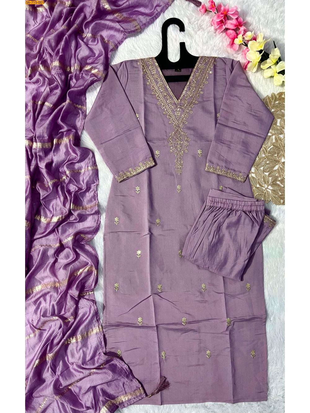 Lavender Roman Silk Kurti Pant Dupatta Set
