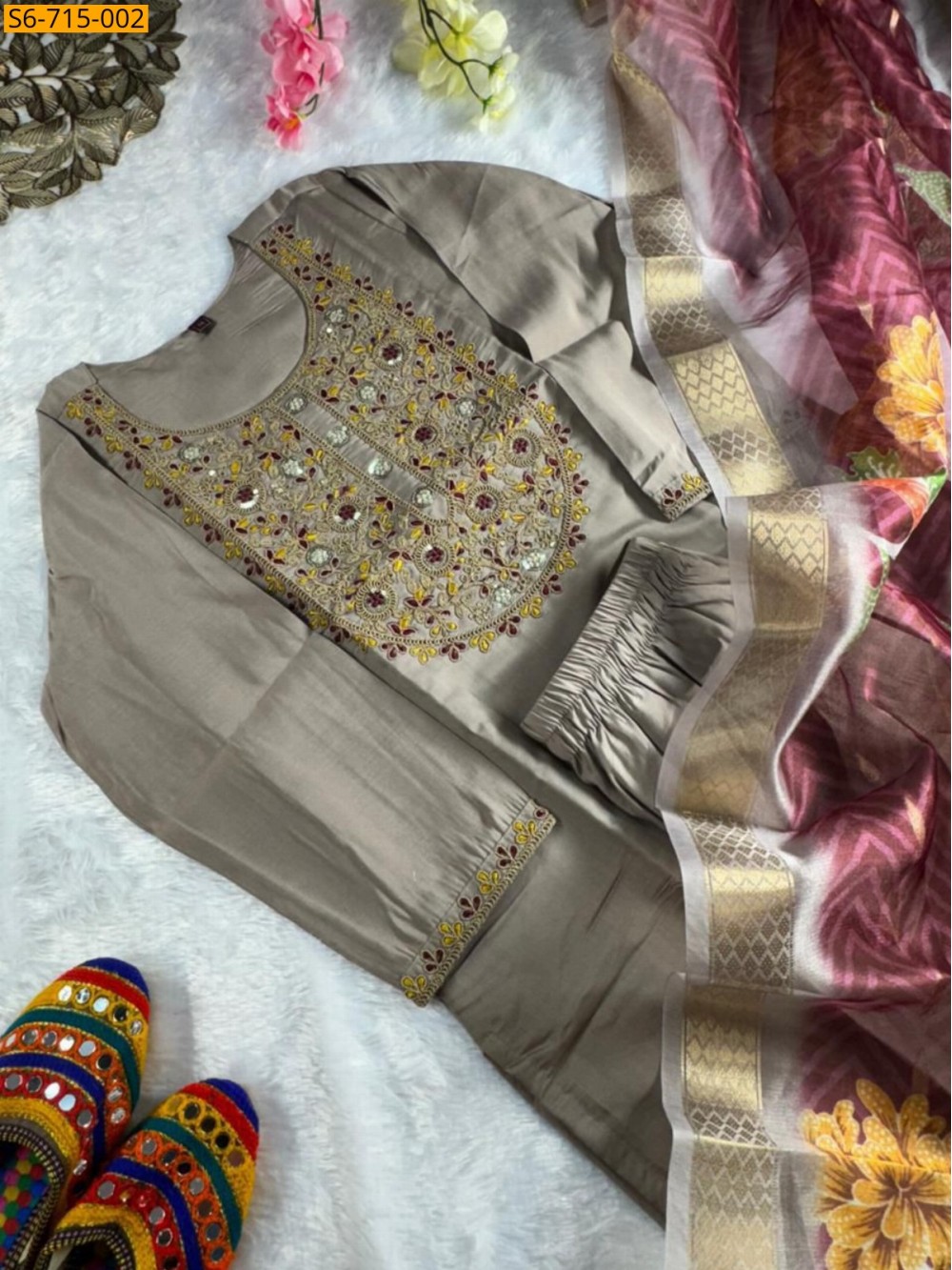 Gray Roman Silk Kurti Pant Dupatta Set Gray Roman Silk Kurti Pant Dupatta Set