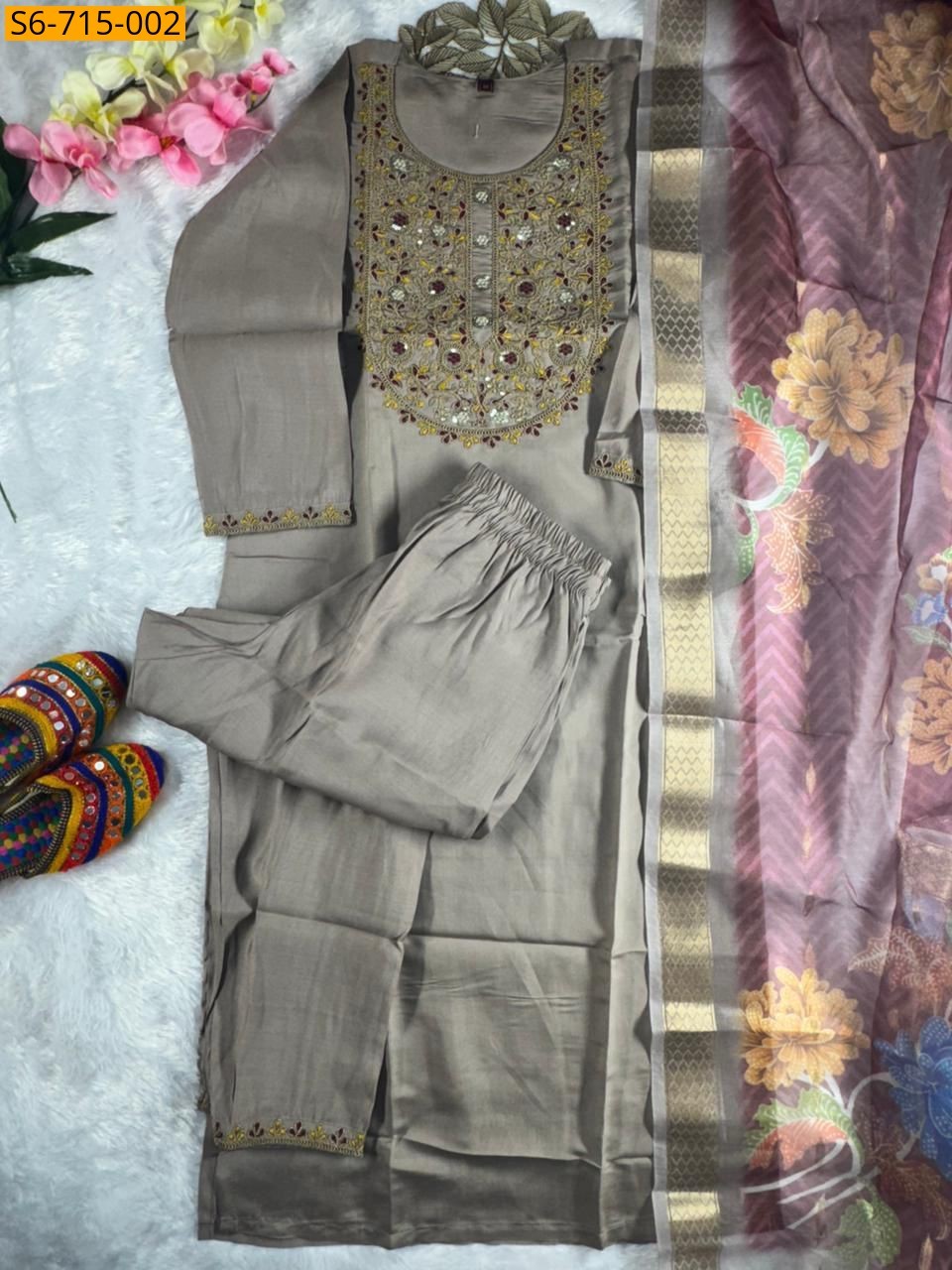 Gray Roman Silk Kurti Pant Dupatta Set