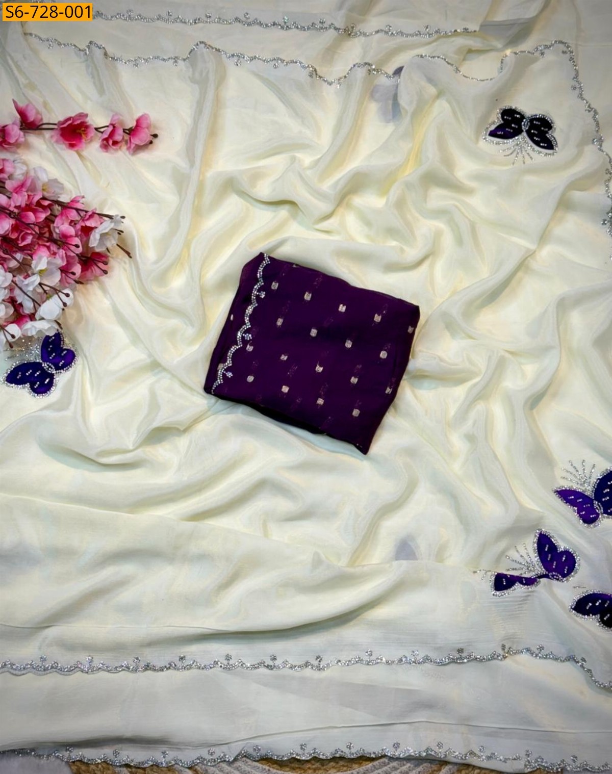 White Chinnon with butterfly work Saree