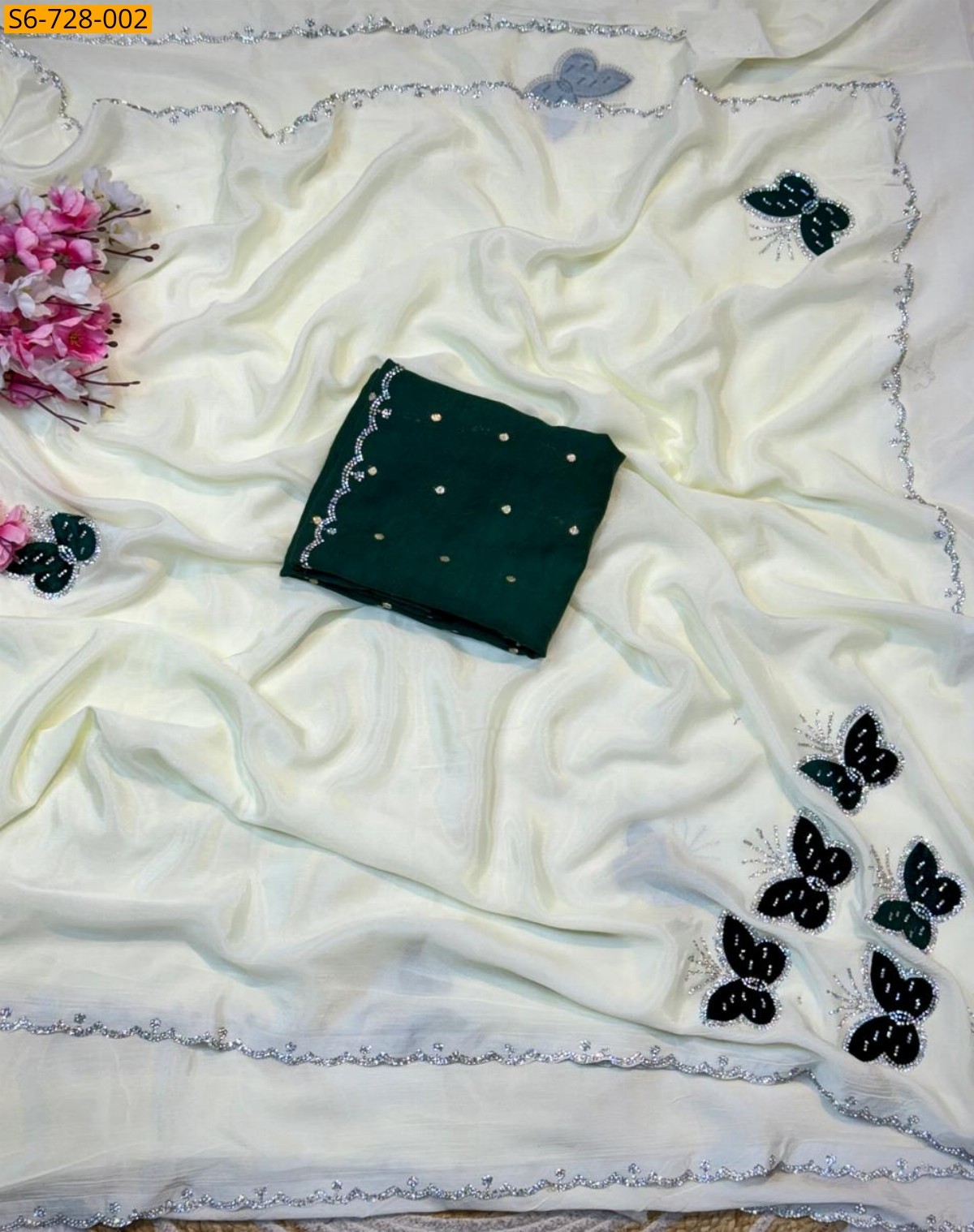 White Chinnon with butterfly work Saree