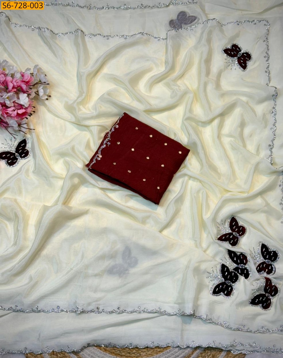 White Chinnon with butterfly work Saree