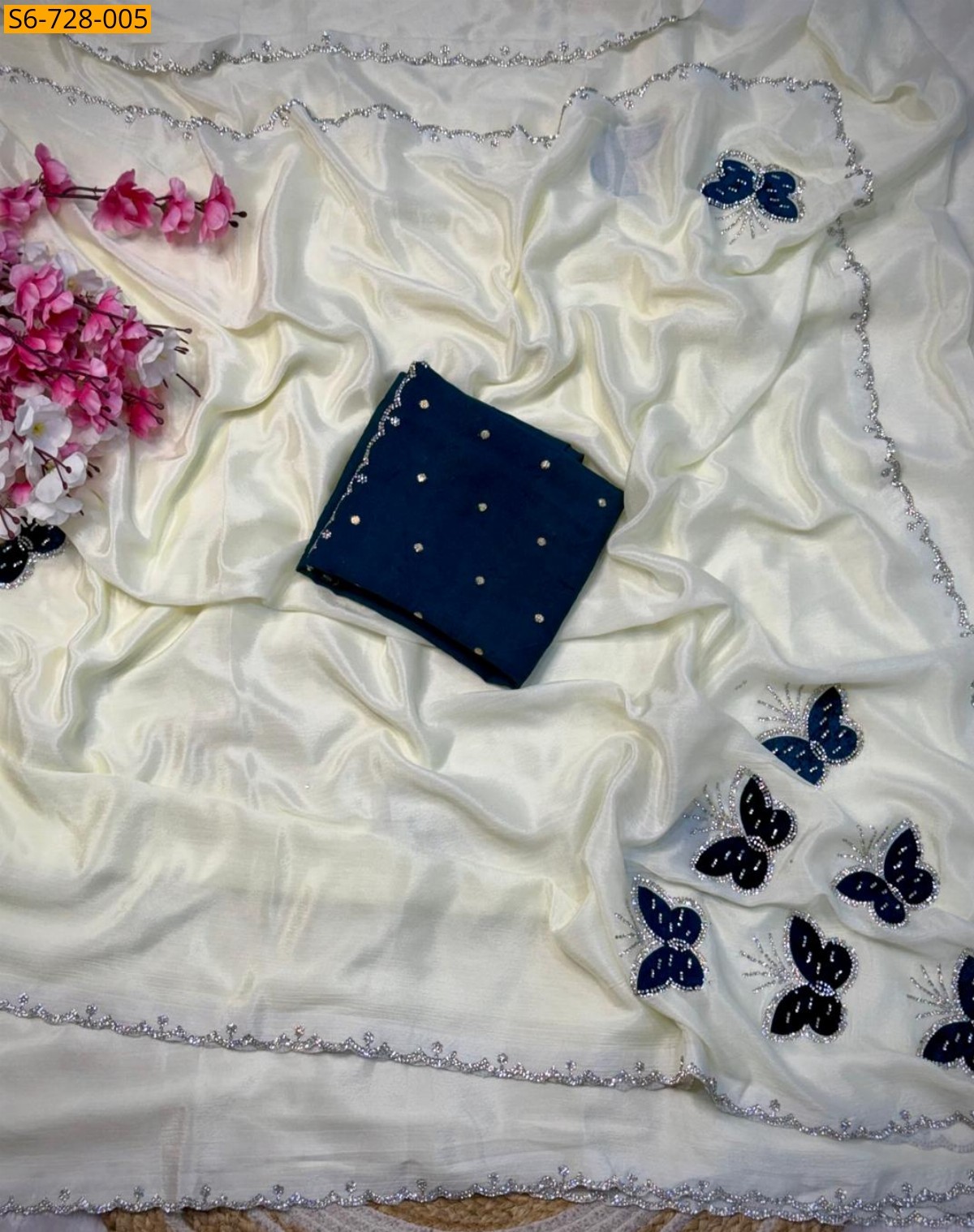 White Chinnon with butterfly work Saree