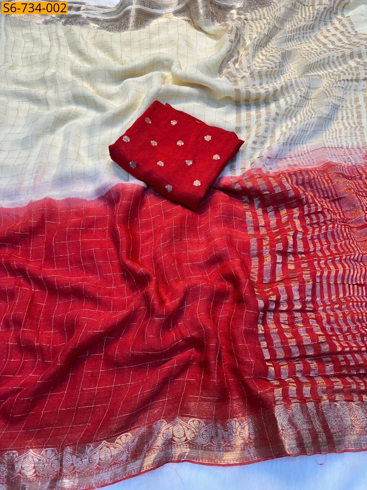 Red Fancy Viscose Checks Saree