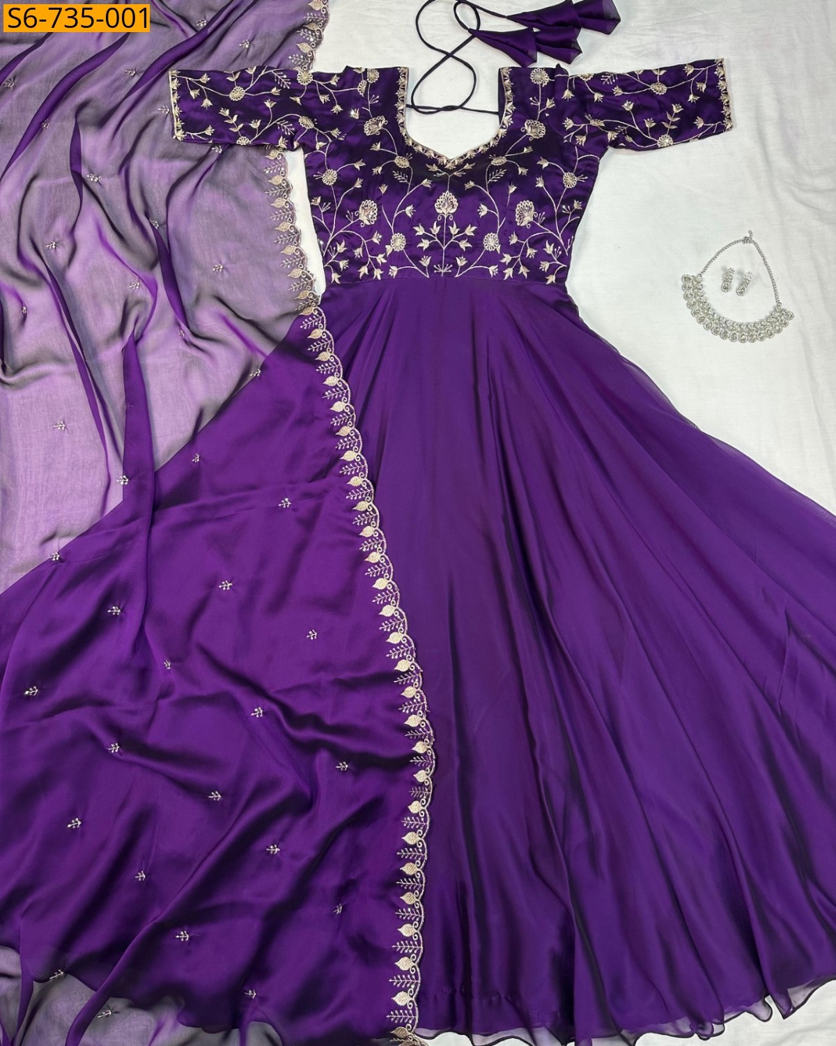 Violet Satin Chiffon Gown with Duppata Set