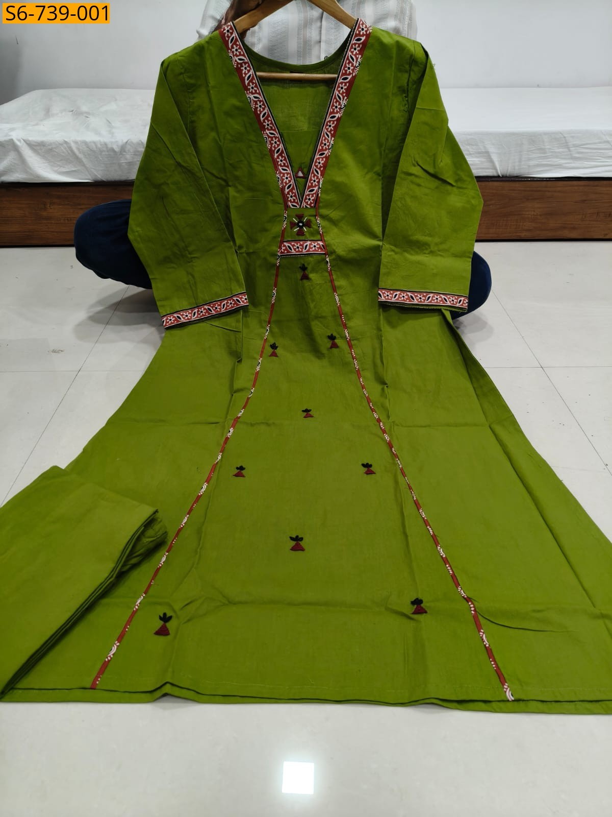 Green Cotton A Line Kurti with Plazzo
