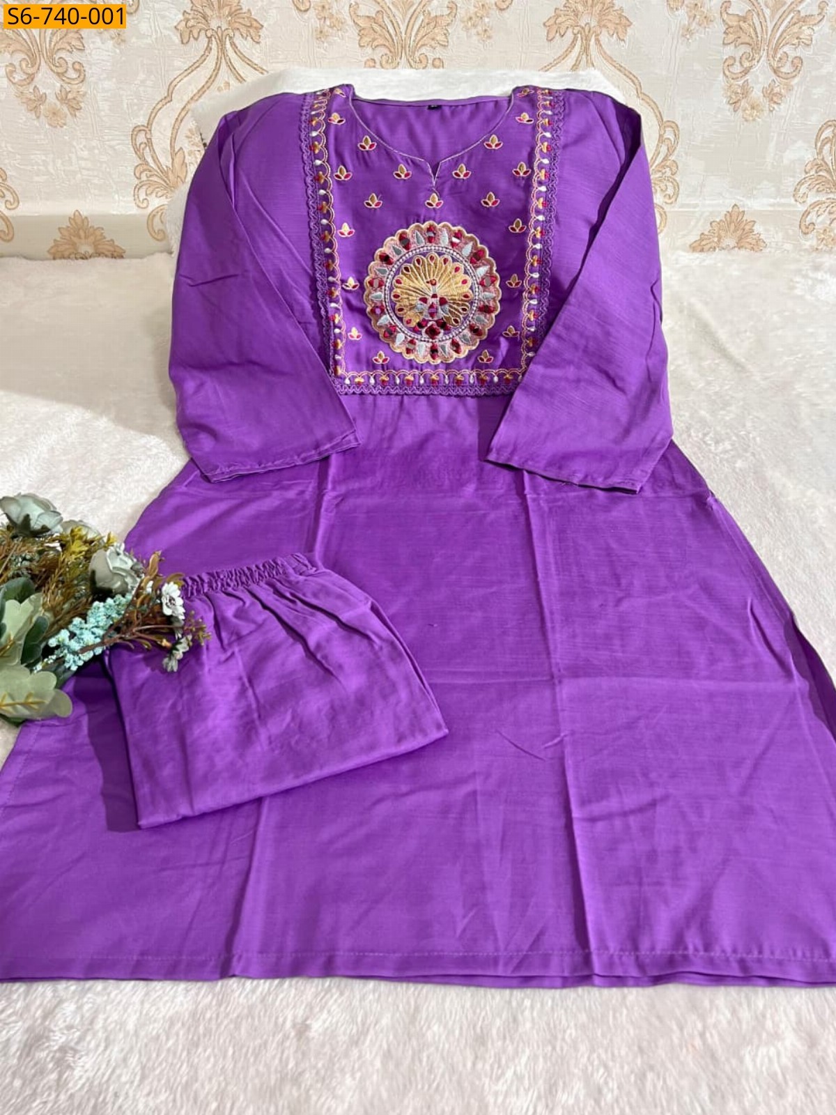 Lavender Soft Tesla Slub Kurti With Pant