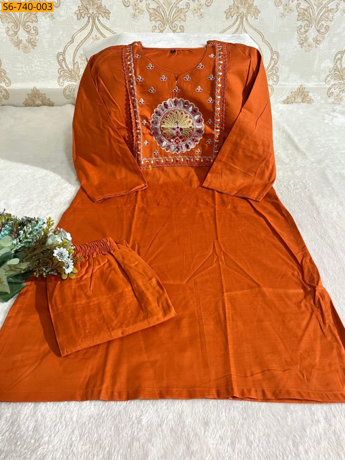 Orange Soft Tesla Slub Kurti With Pant