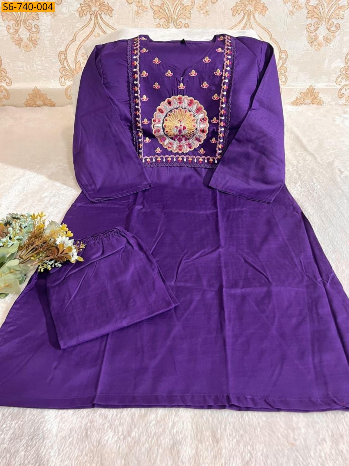 Violet Soft Tesla Slub Kurti With Pant