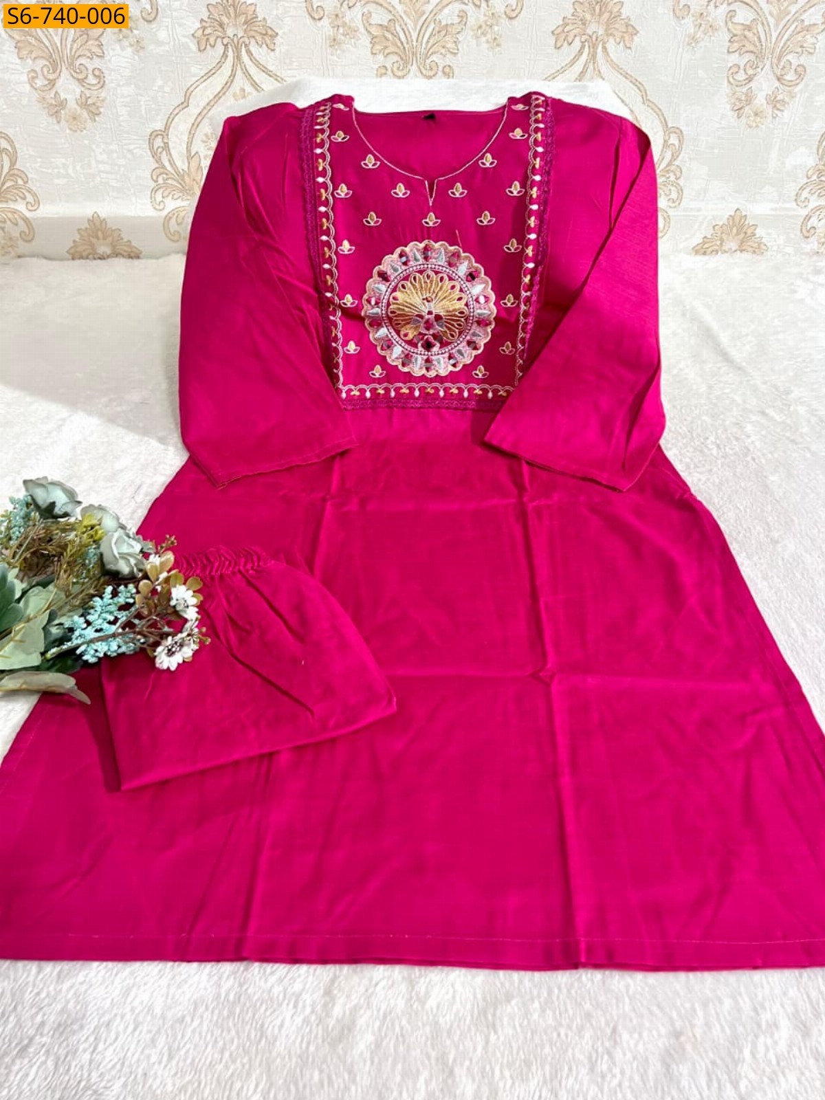 Pink Soft Tesla Slub Kurti With Pant
