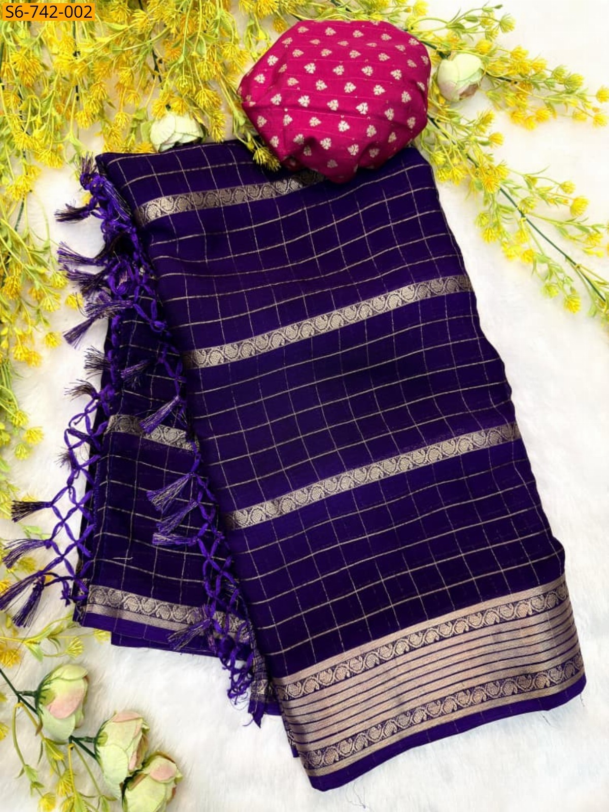 Violet Viscose Chinon Weaving Pattern Saree