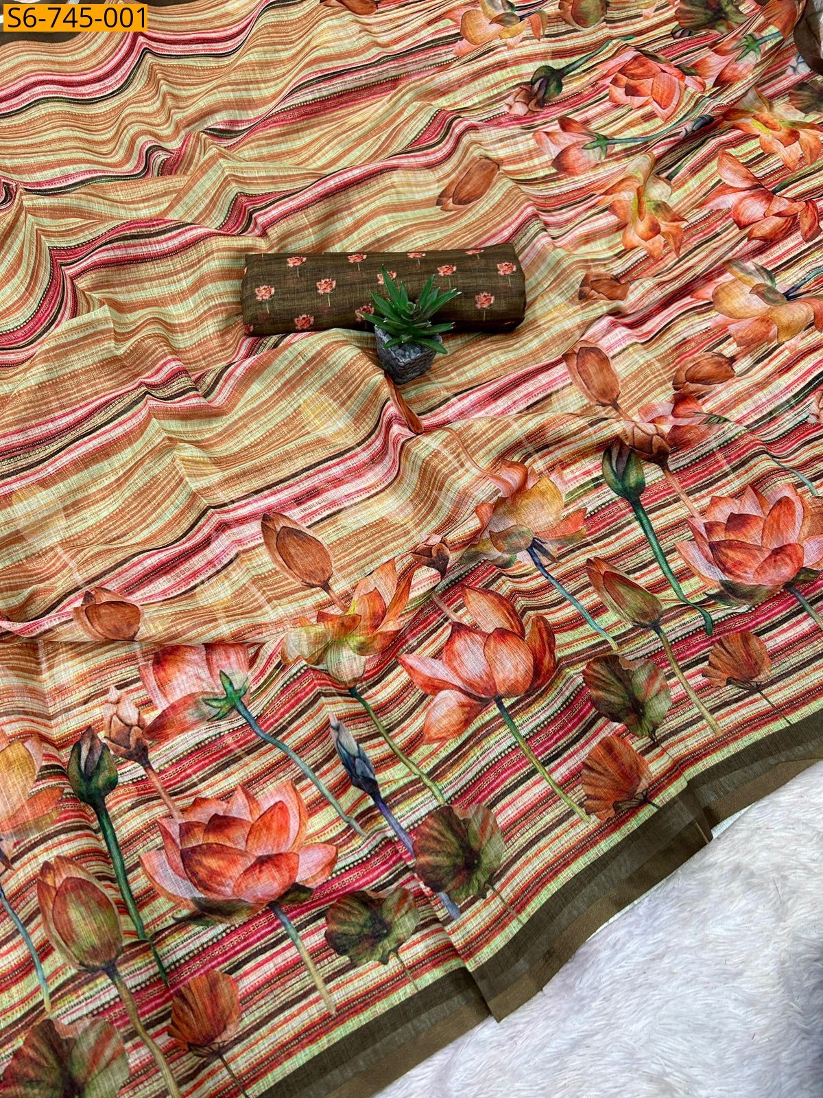 Multi Color Soft Linen Digital Flower Print Saree