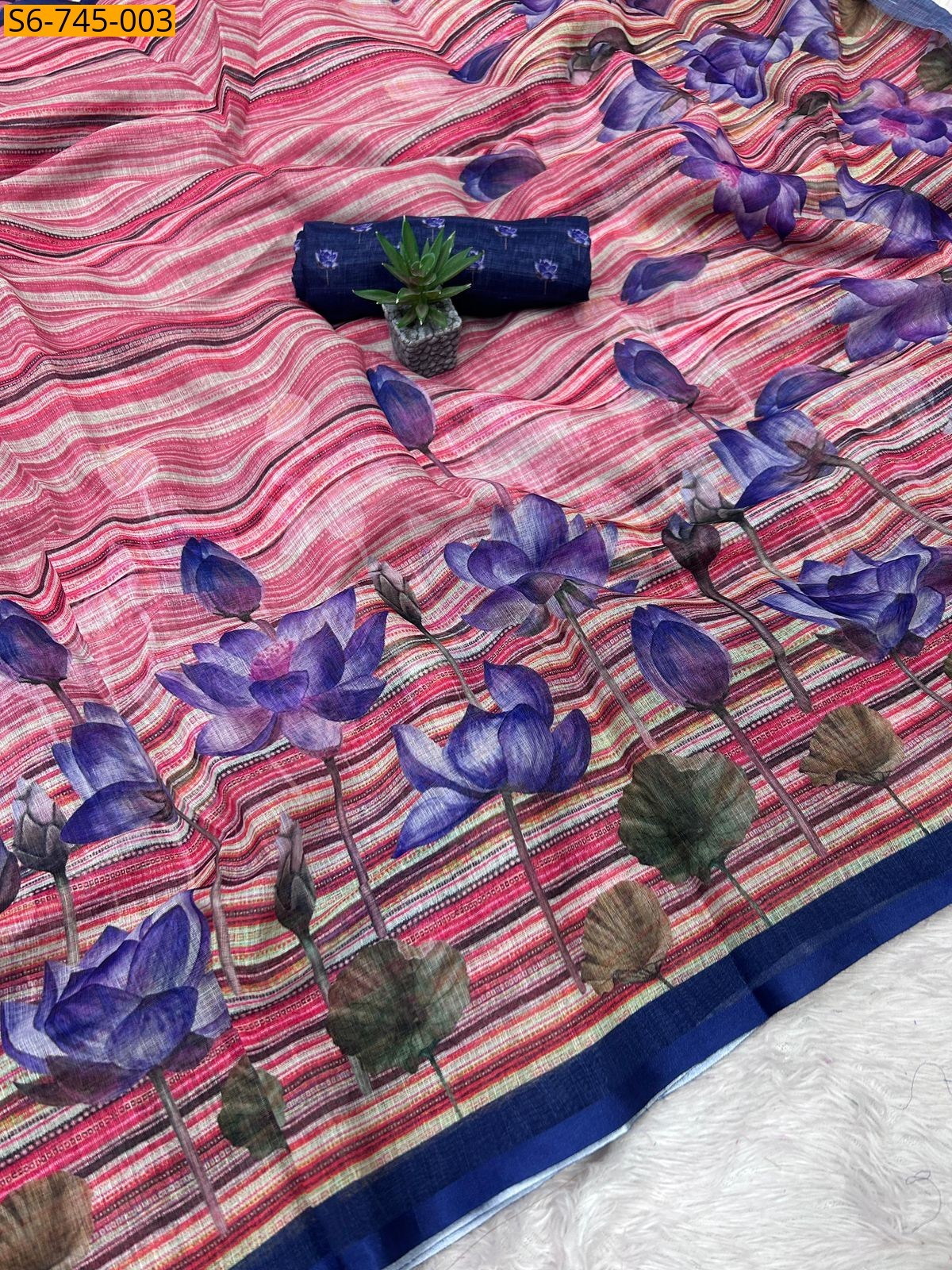 Pink Soft Linen Digital Flower Print Saree