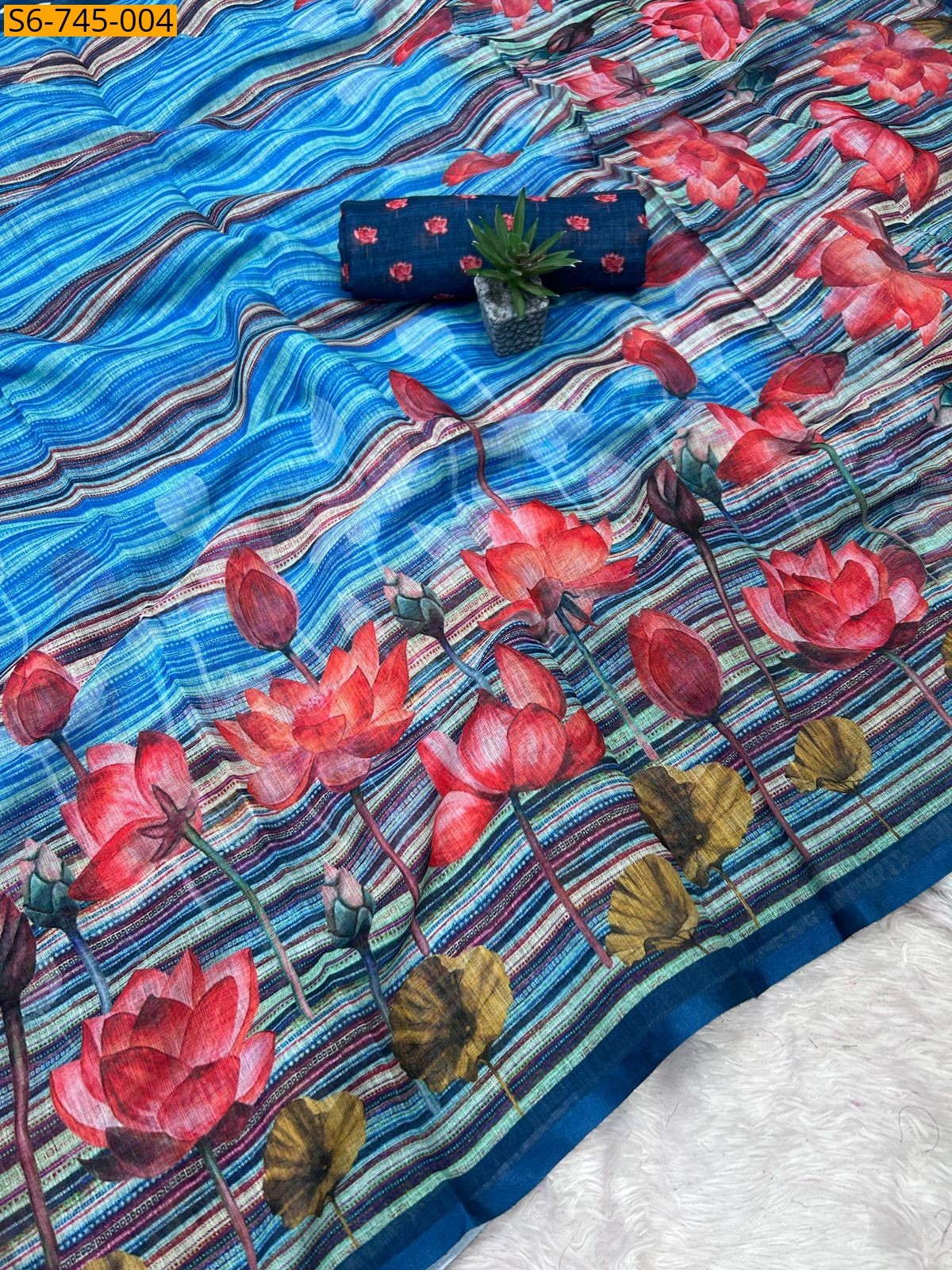 Blue Soft Linen Digital Flower Print Saree