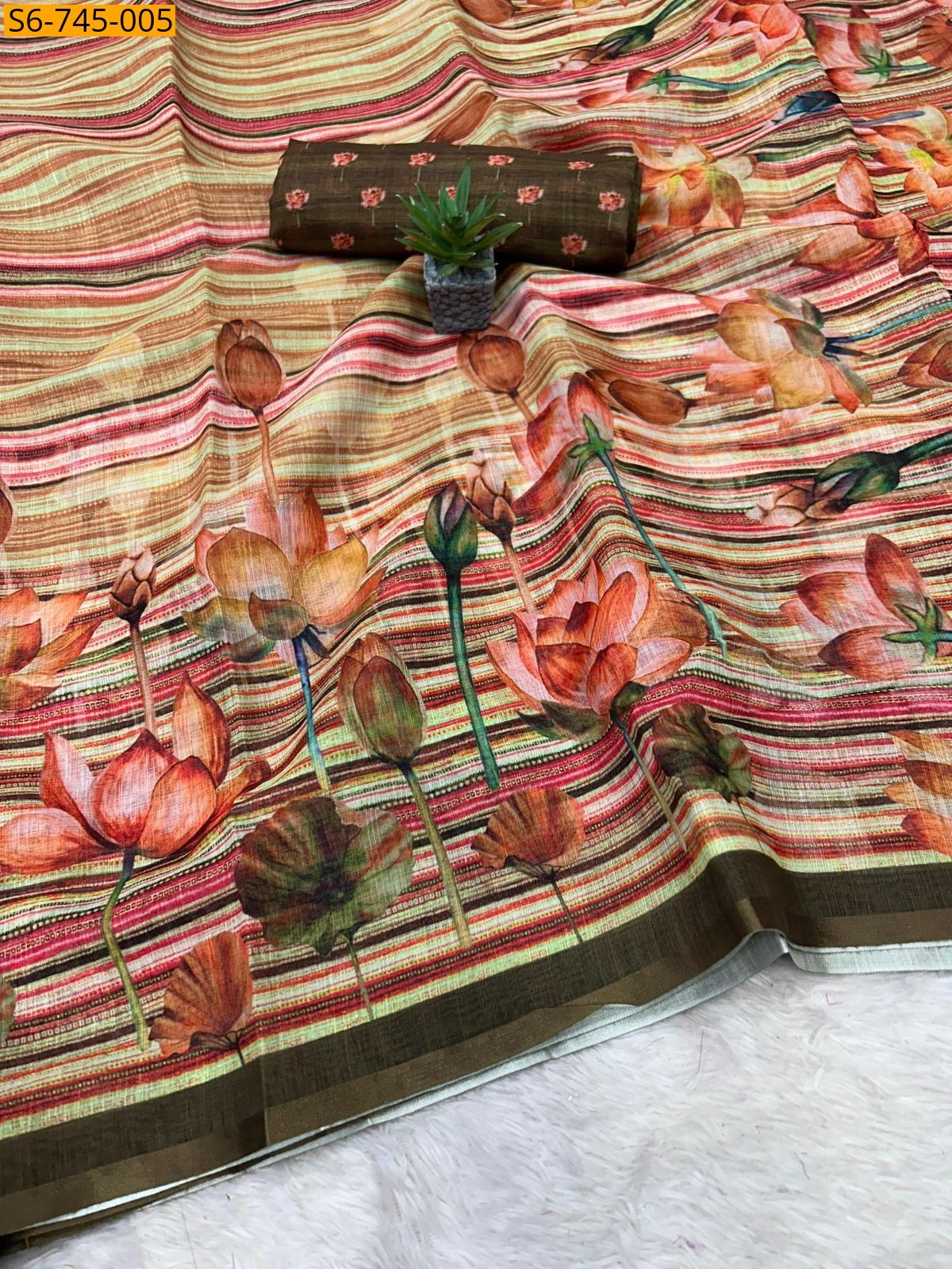 Multi Color Soft Linen Digital Flower Print Saree