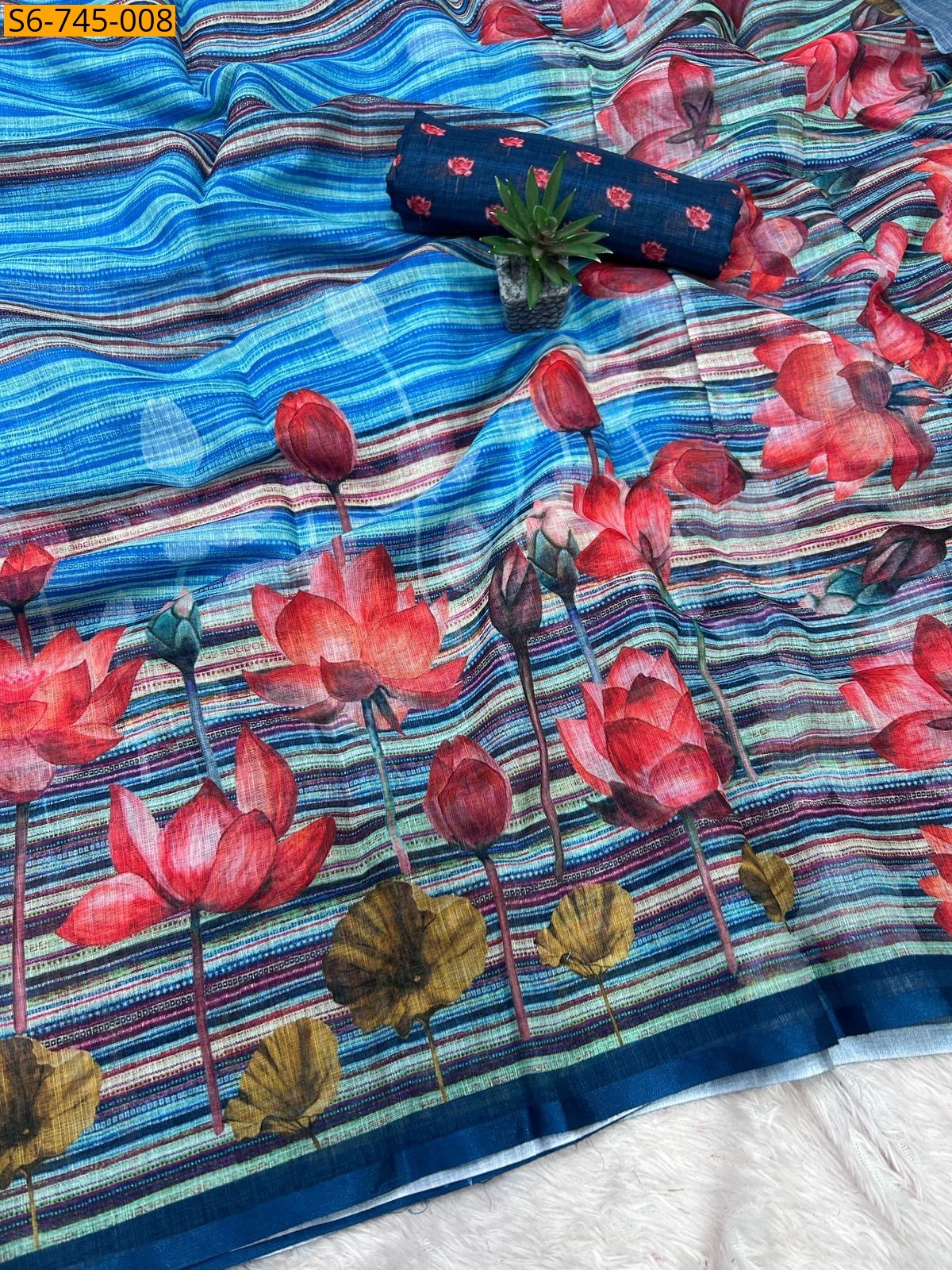 Blue Soft Linen Digital Flower Print Saree