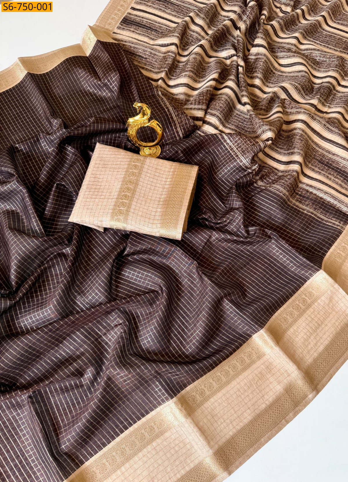 Brown Tussar Silk Checks Weaving Saree