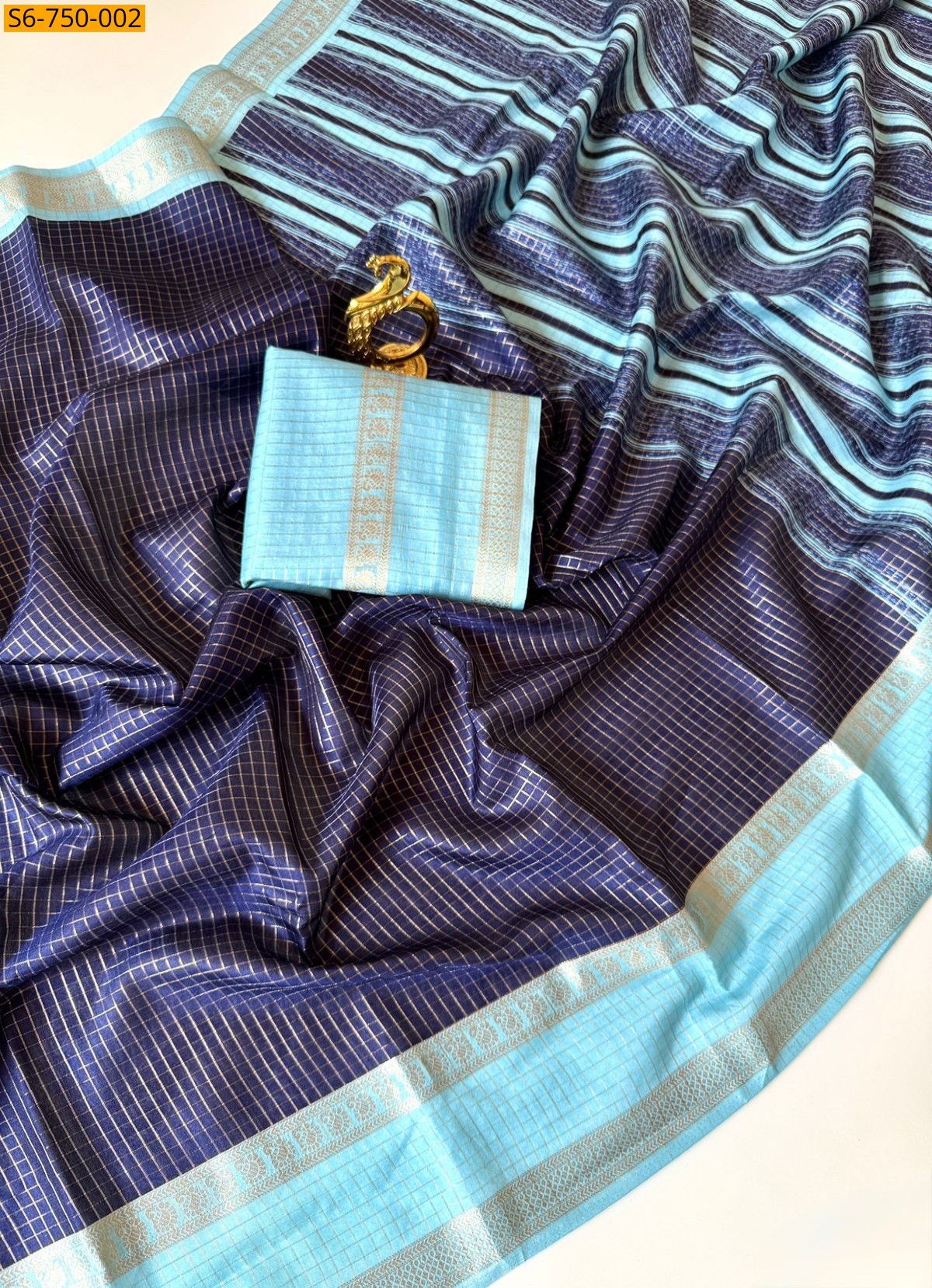 Navy Blue Tussar Silk Checks Weaving Saree