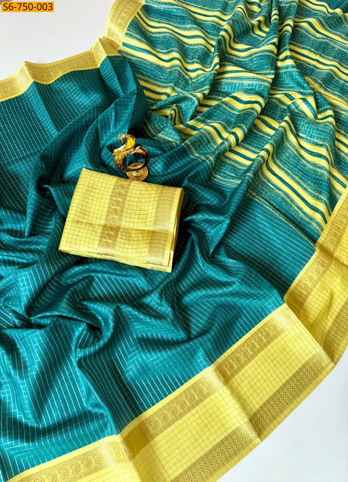 Green Tussar Silk Checks Weaving Saree