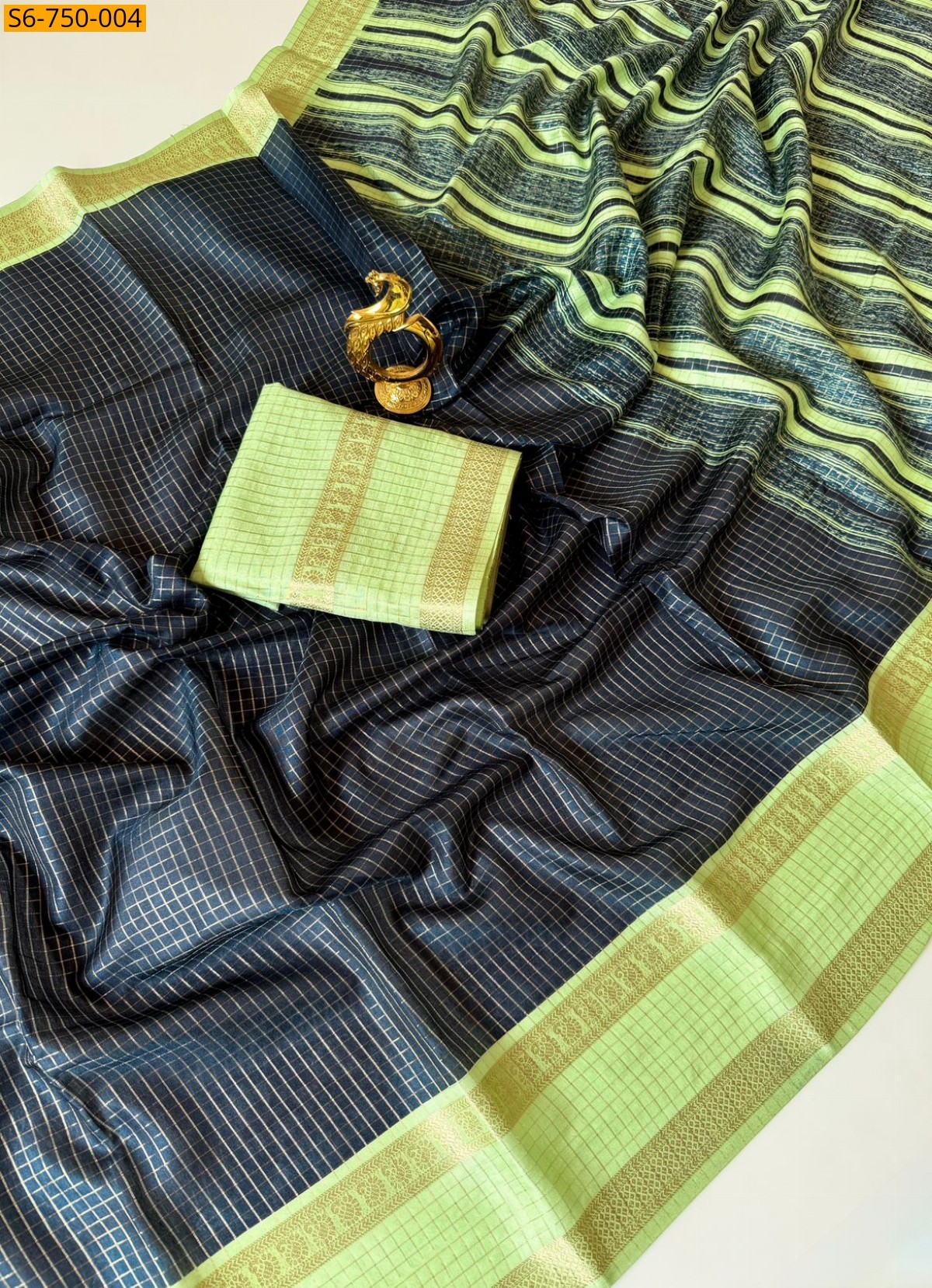 Black Tussar Silk Checks Weaving Saree