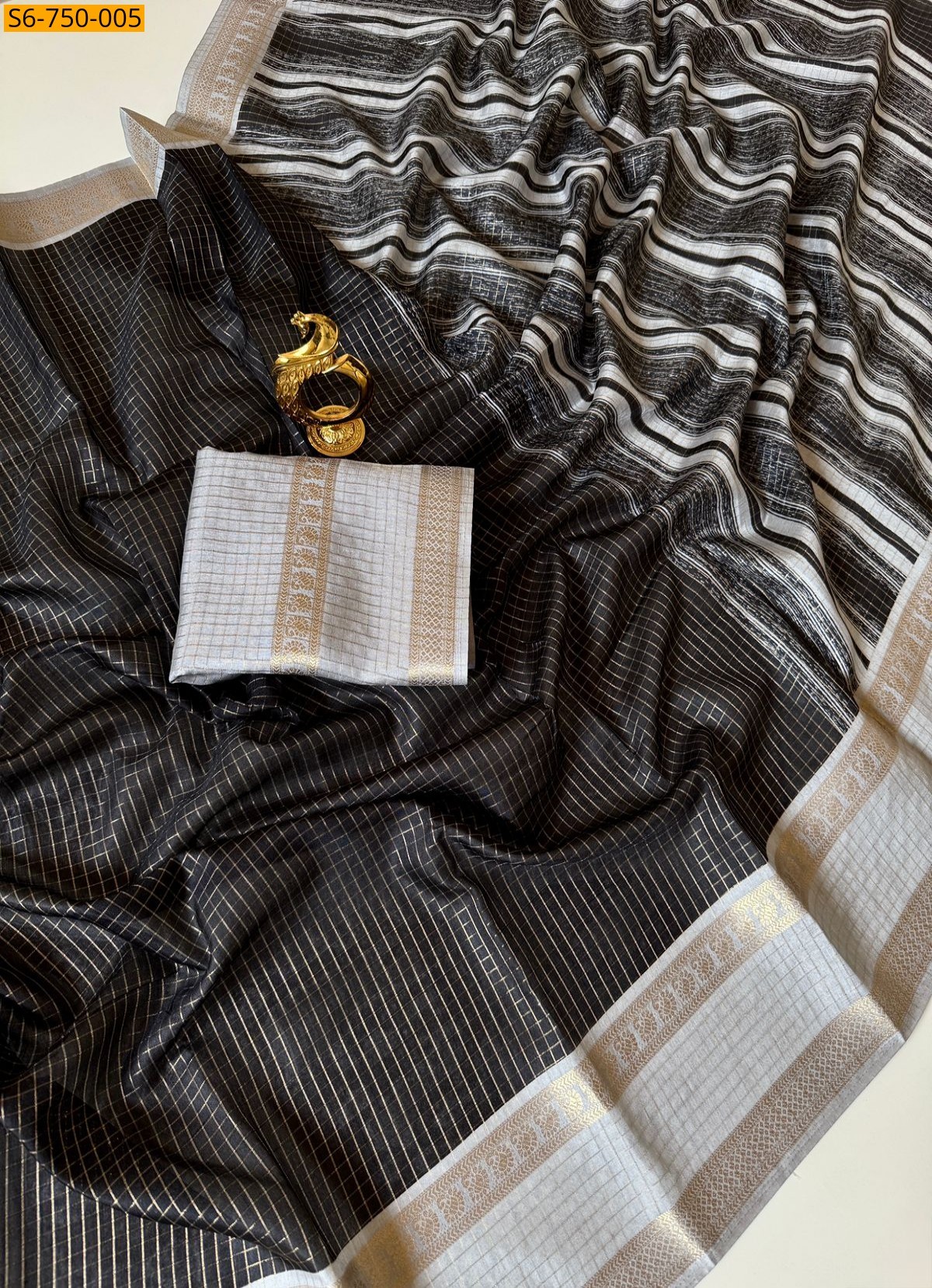 Black Tussar Silk Checks Weaving Saree