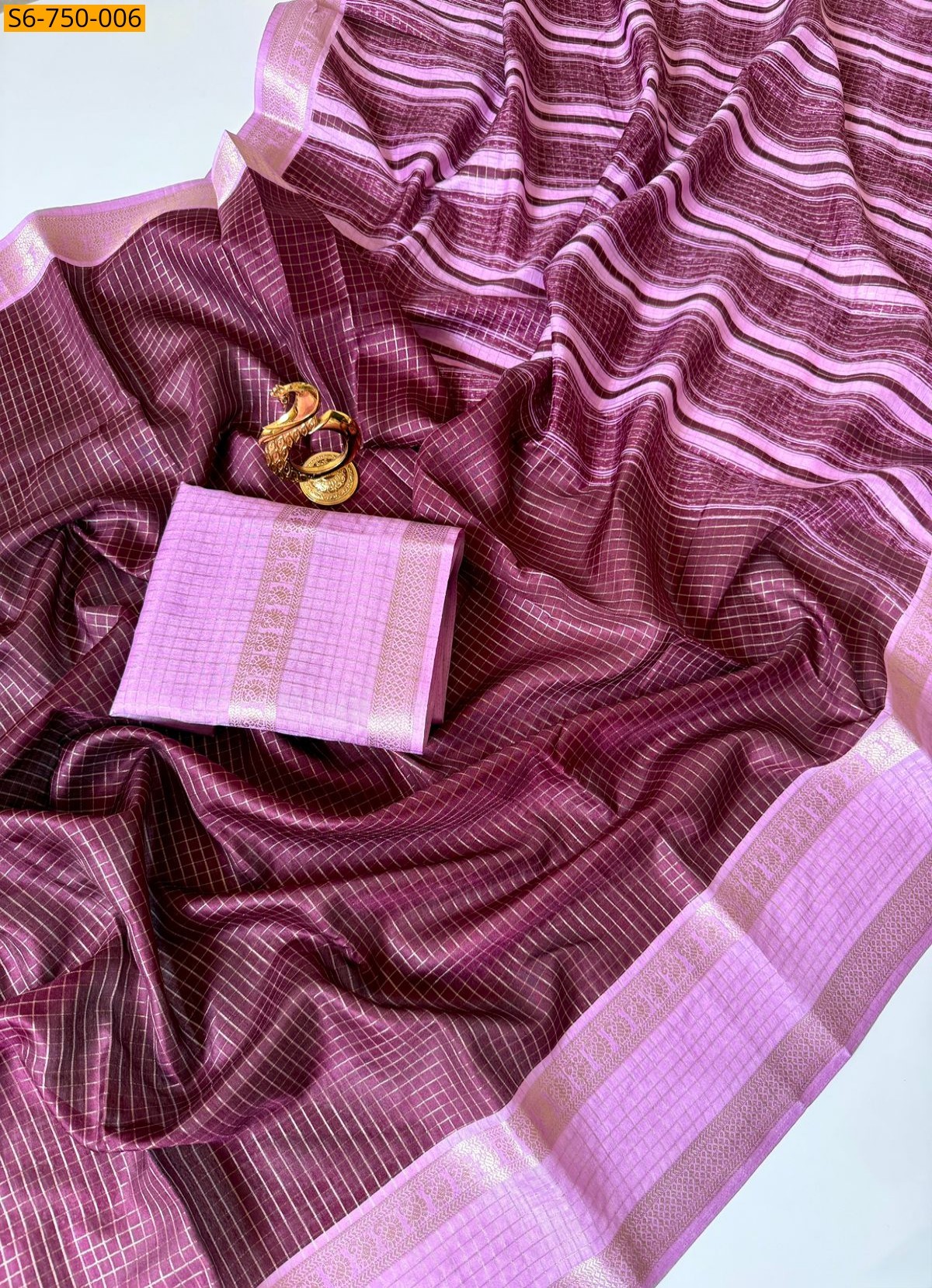 Wine Tussar Silk Checks Weaving Saree