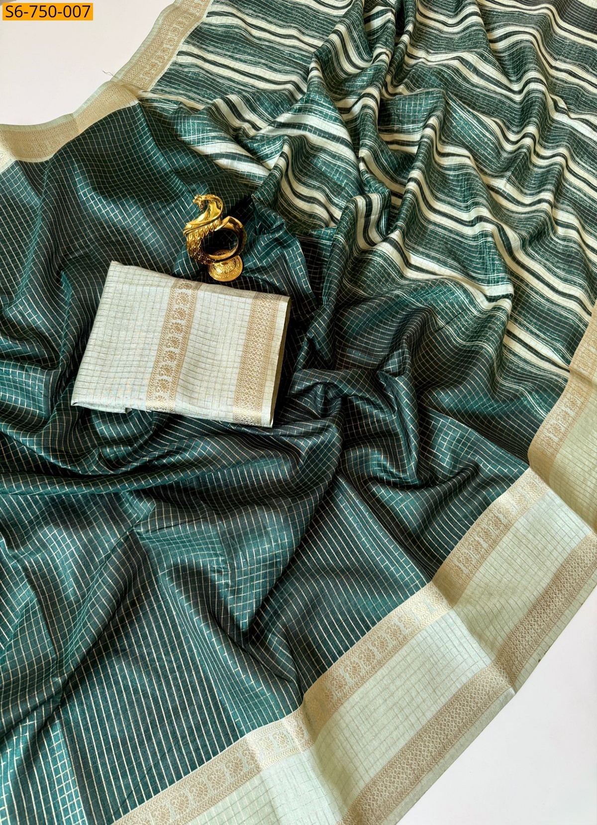 Green Tussar Silk Checks Weaving Saree