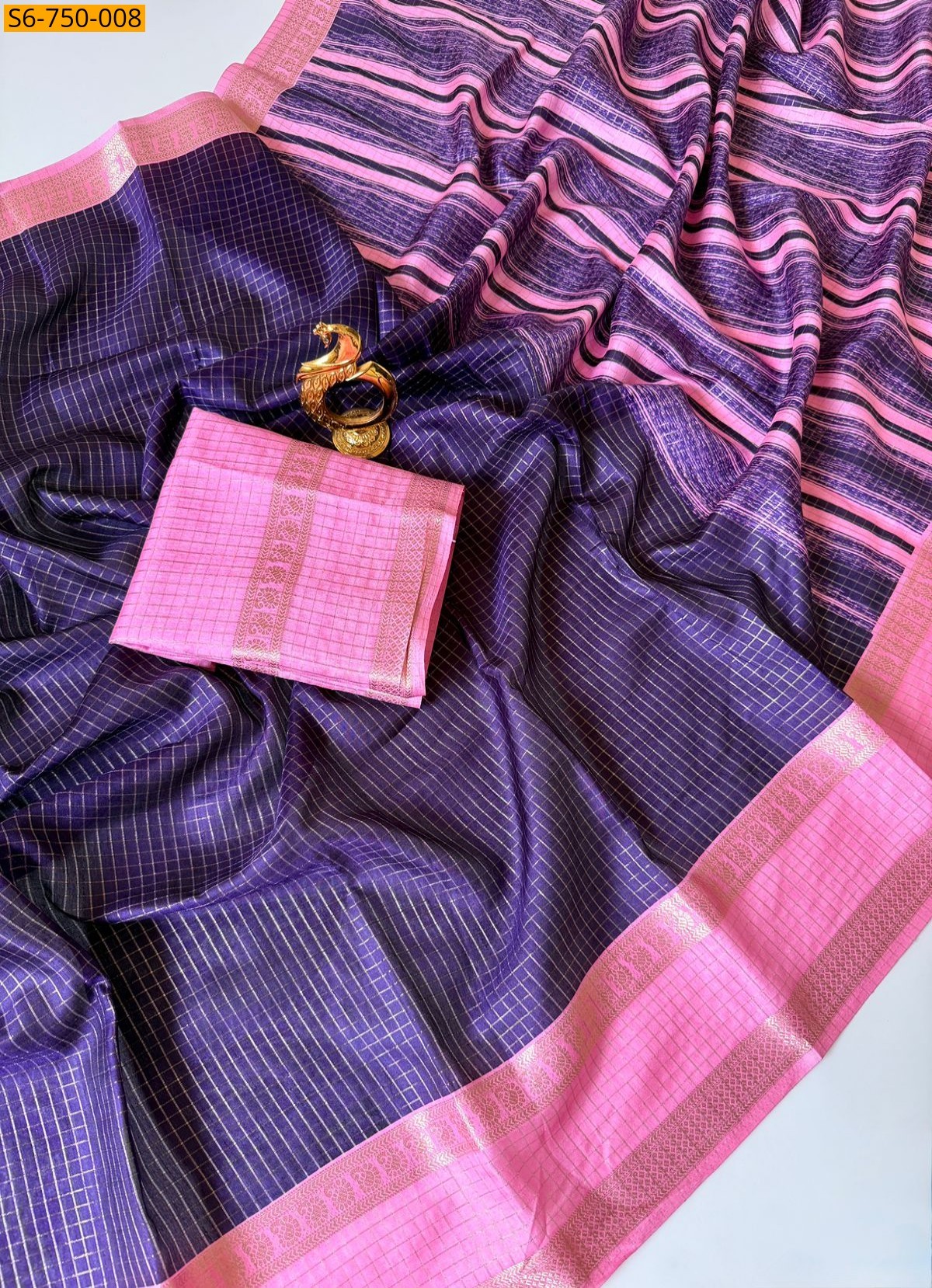 Purple Tussar Silk Checks Weaving Saree