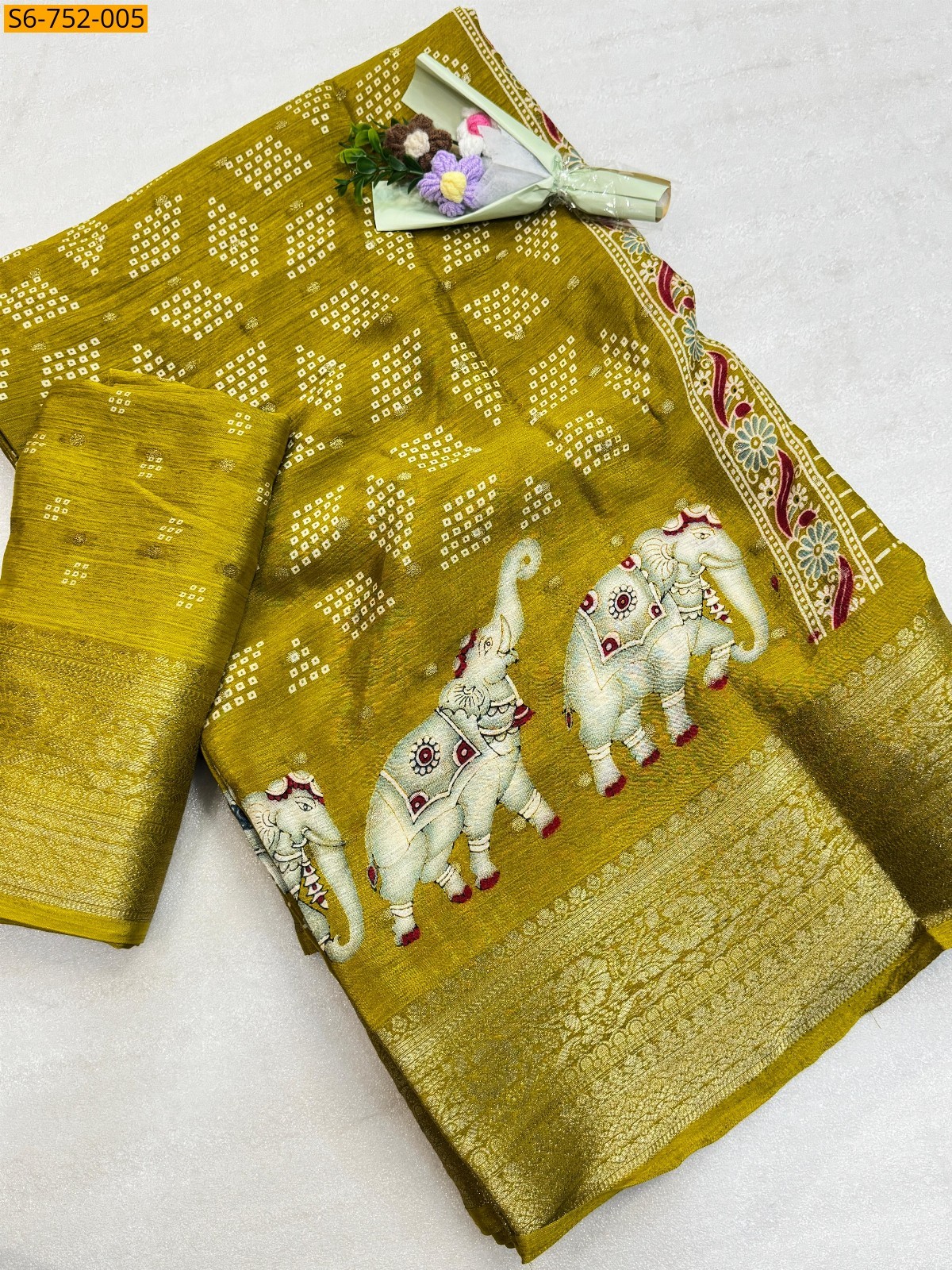 Yellow Chinon Silk Saree