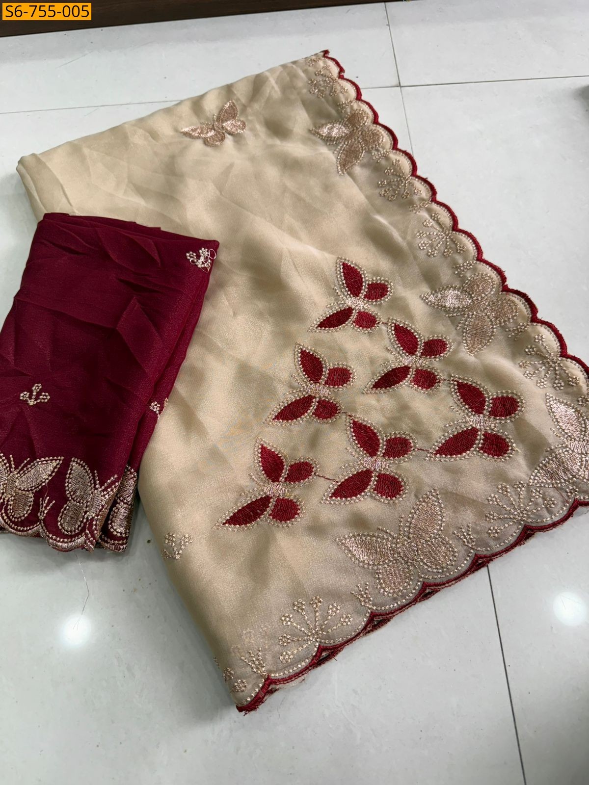 Cream Star Georgette Multi Emrodairy Saree