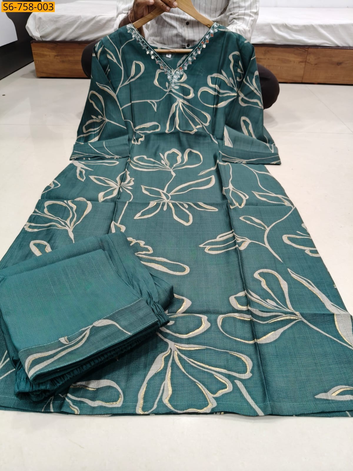 Green Handwork Straight Kurti With Pant Set