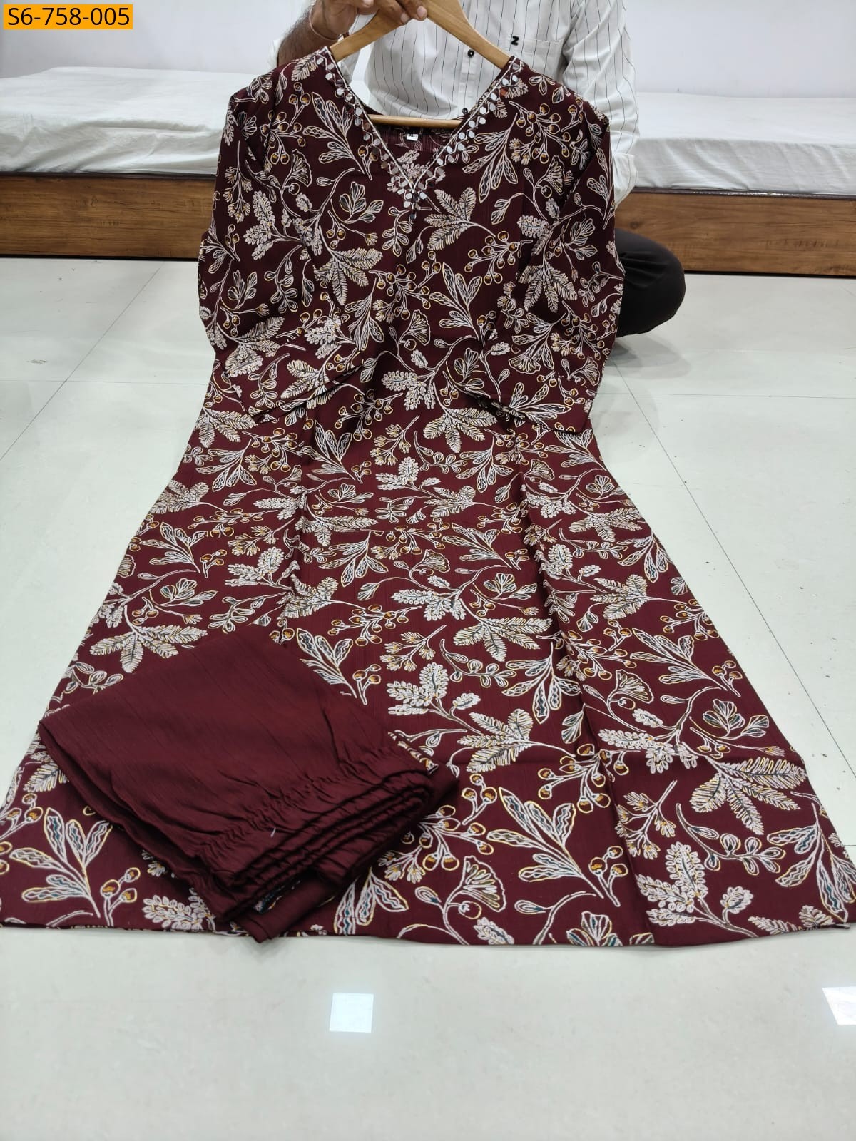 Maroon Handwork Straight Kurti With Pant Set